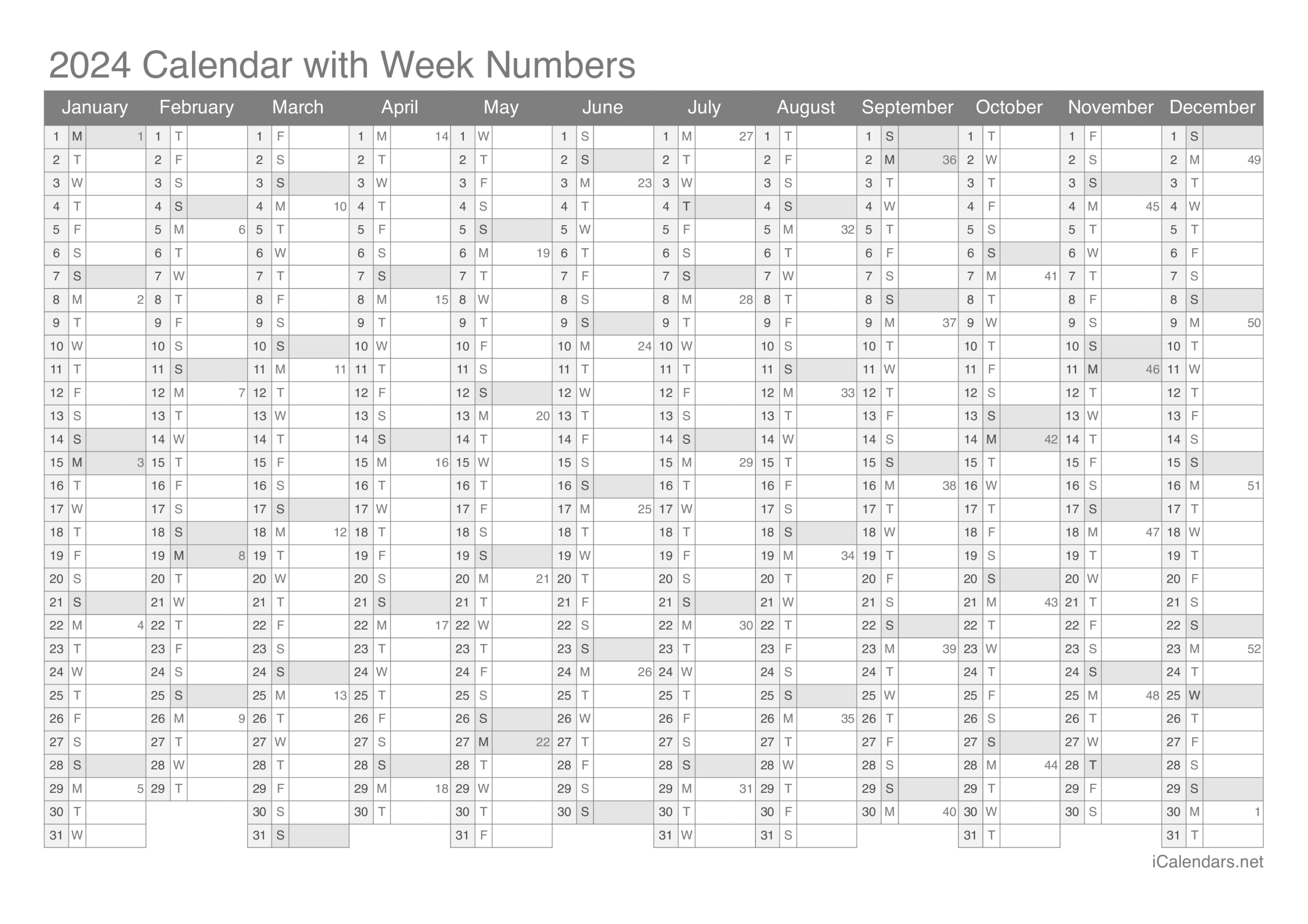 2024 Printable Calendar PDF Or Excel
