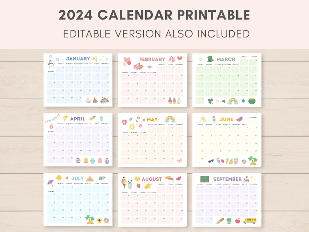 Calendar 2024 Printable Kids Calendar 2024 Printable Calendar Editable Calendar 2024 Calendar Academic Calendar Kids Monthly Planner Etsy