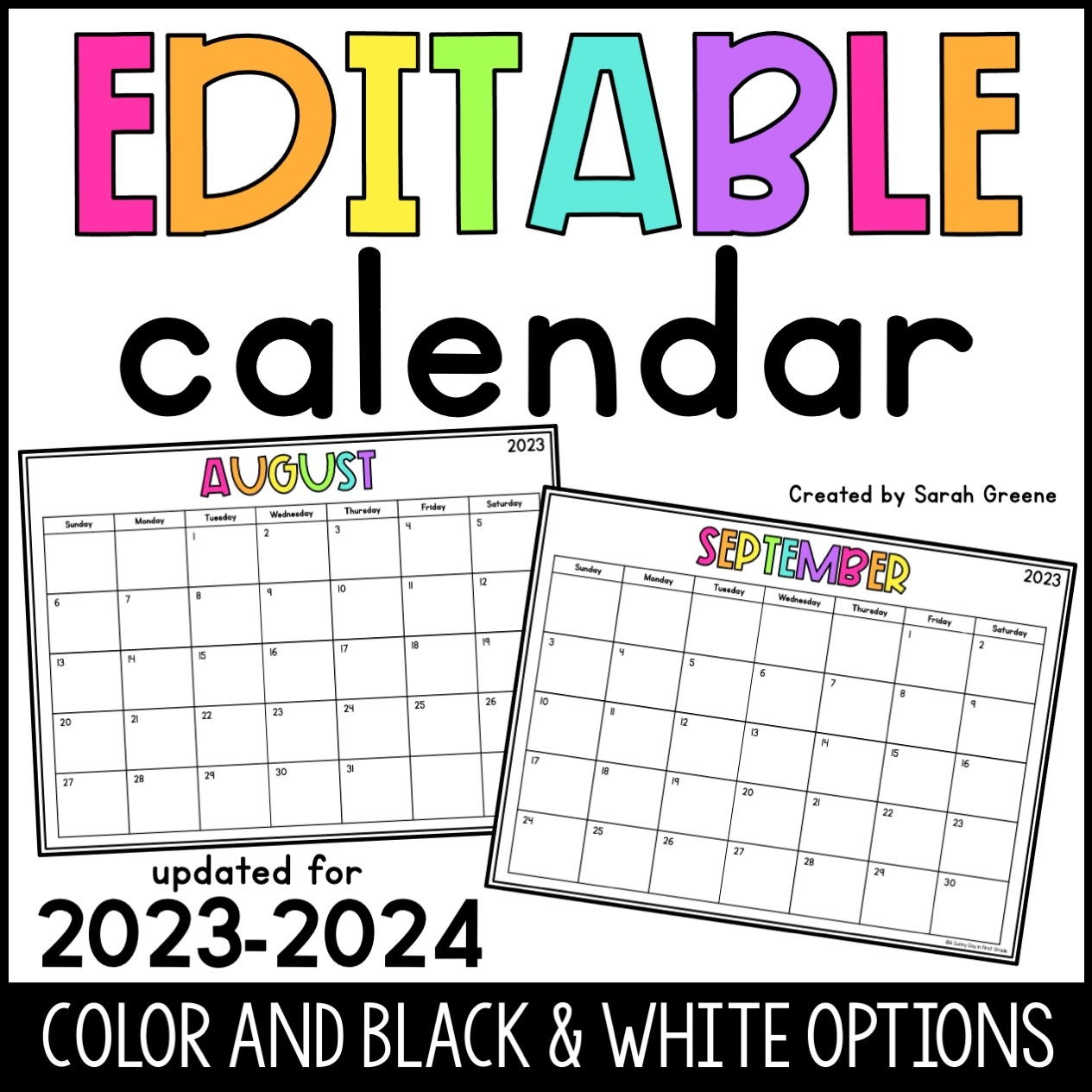 Colorful Editable Calendar 2023 2024 Made By Teachers