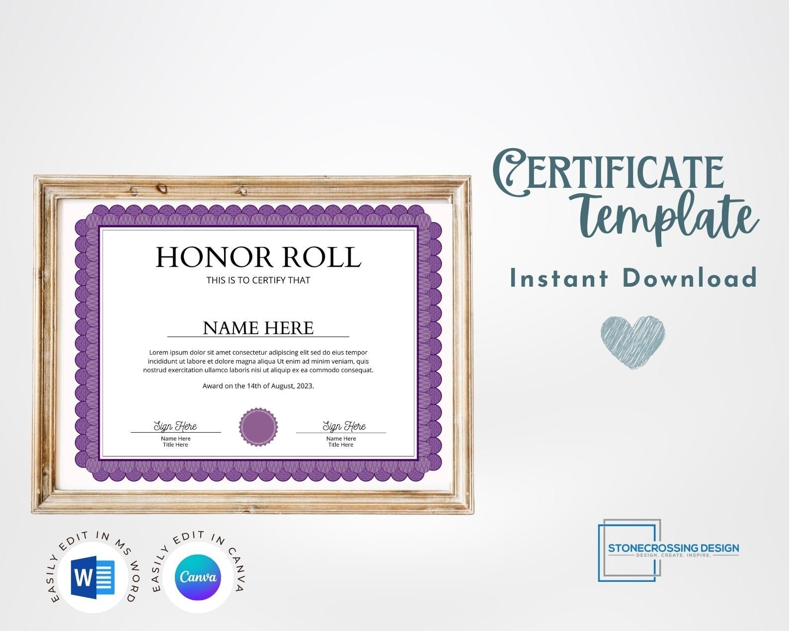 Editable Certificate Of Honor Roll Recognizing Academic Excellence Printable Certificate Editable With Canva Or Microsoft Word Etsy