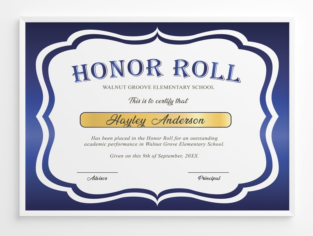 Editable Honor Roll Certificate Template Royal Blue School Award Printable Award Elementary High School Award Certificate Download Etsy