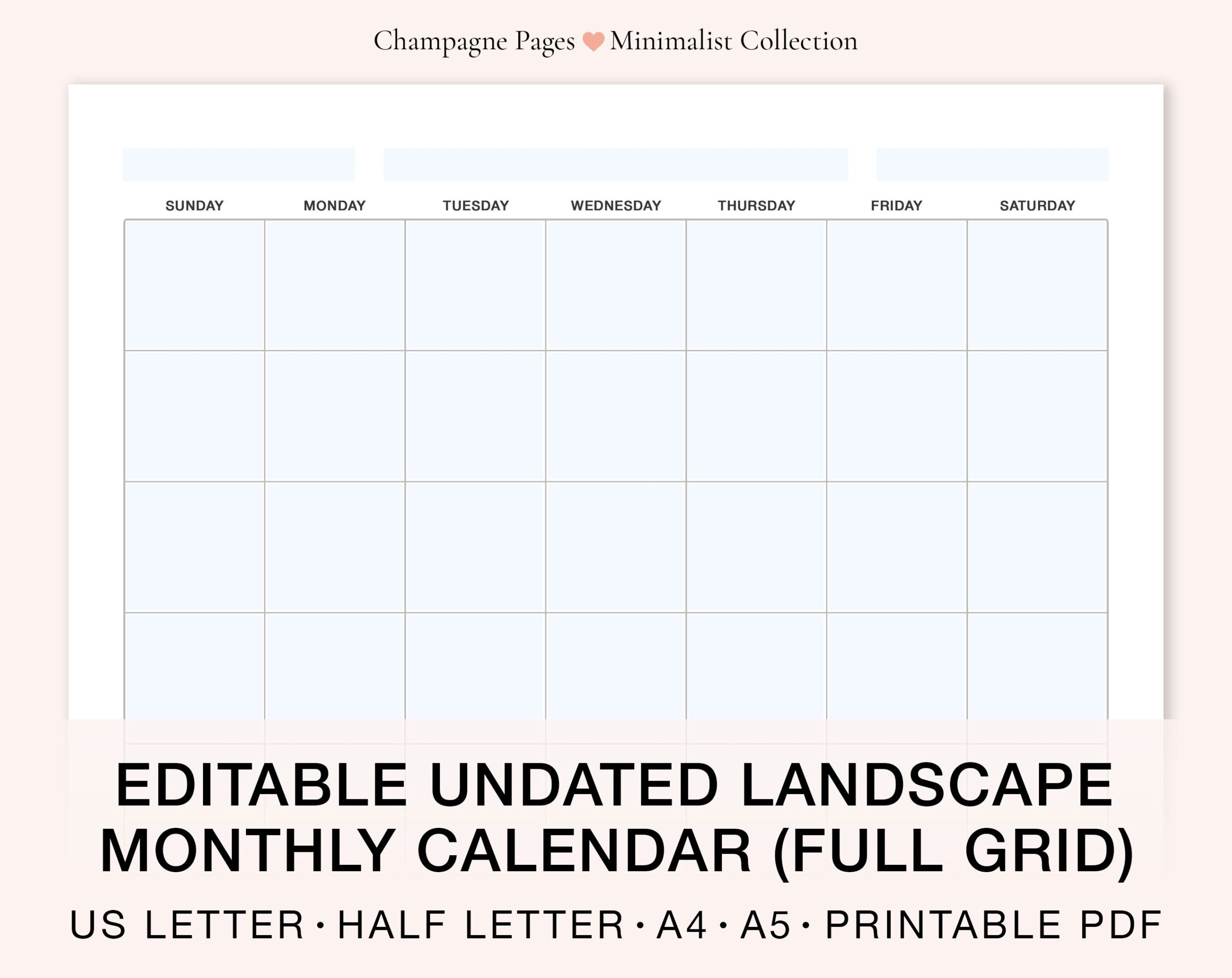 Landscape Editable fillable Blank Monthly Calendar Horizontal Undated Calendar Printable PDF Calendar Template A5 A4 US Letter half Size Etsy