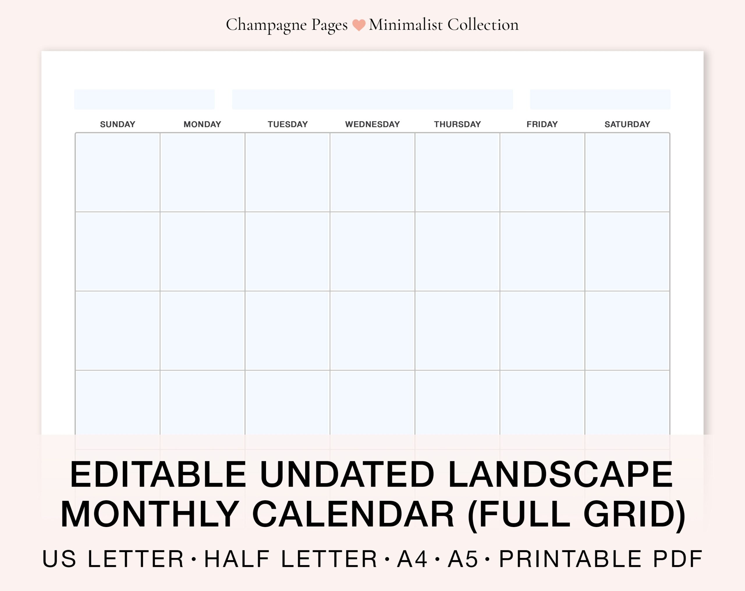 Landscape Editable fillable Blank Monthly Calendar Horizontal Undated Calendar Printable PDF Calendar Template A5 A4 US Letter half Size Etsy