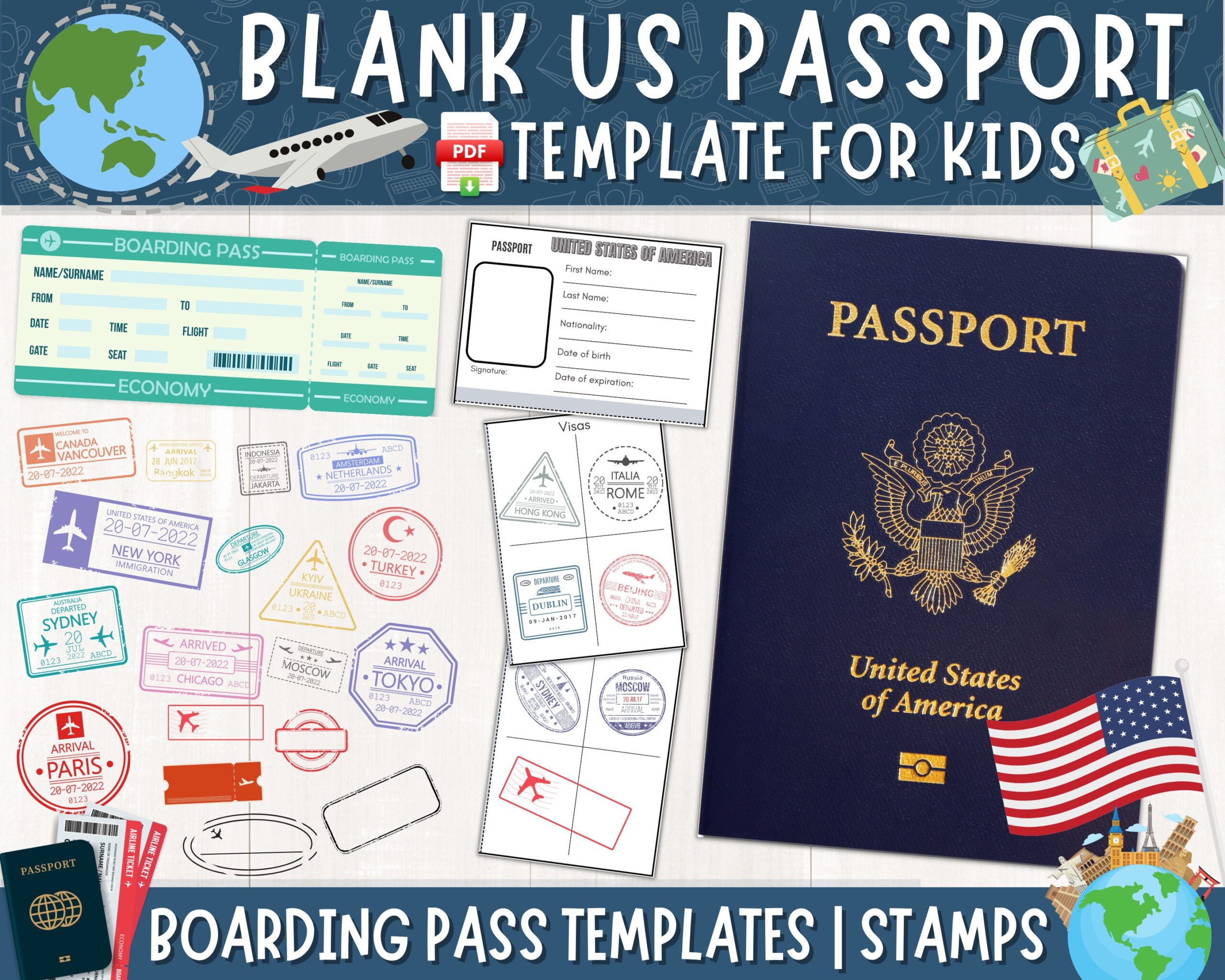 Printable US Passport For Kids Pretend Passport Book For Travel Passport Boarding Pass Templates American US Passport Template Stamps Etsy