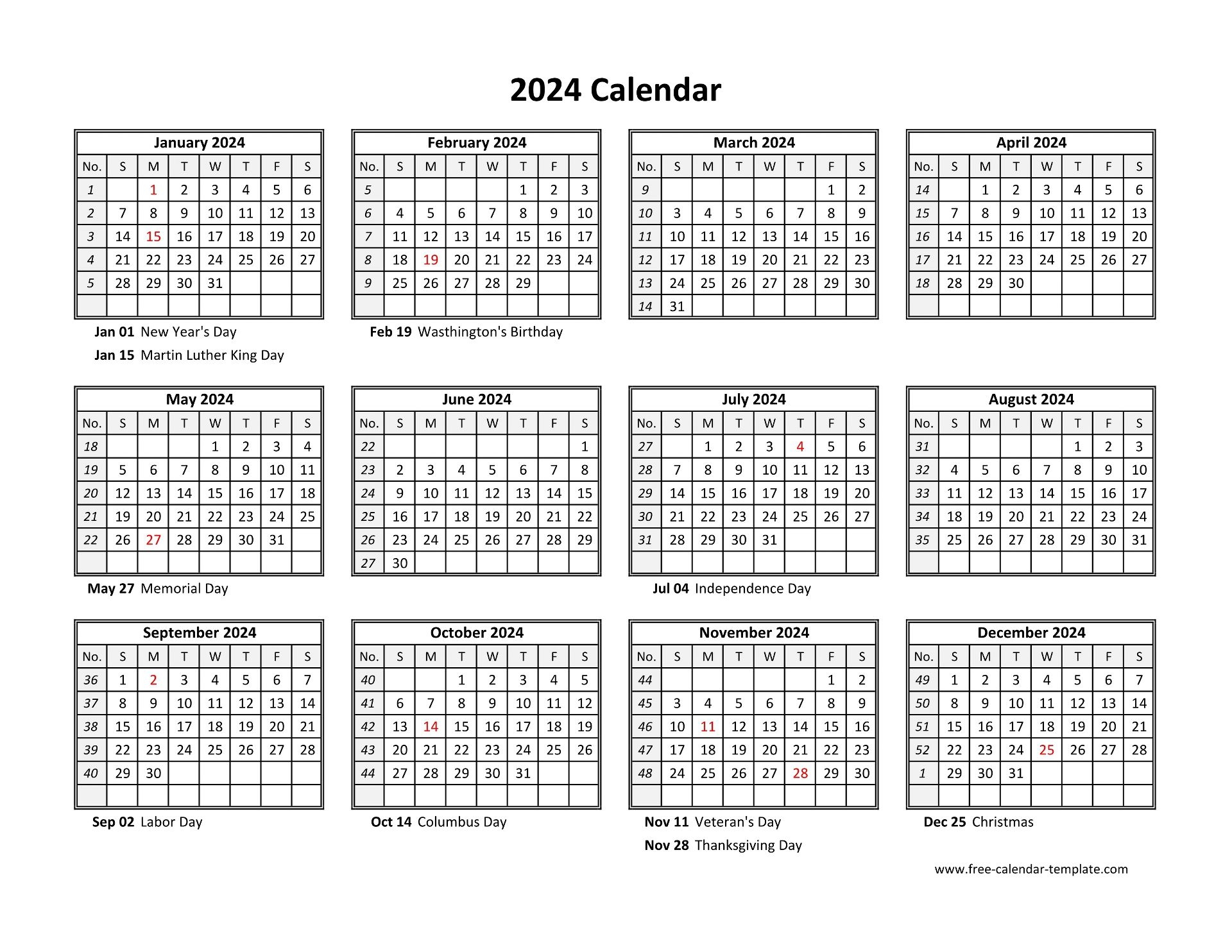 Printable Yearly Calendar 2024 Free calendar template