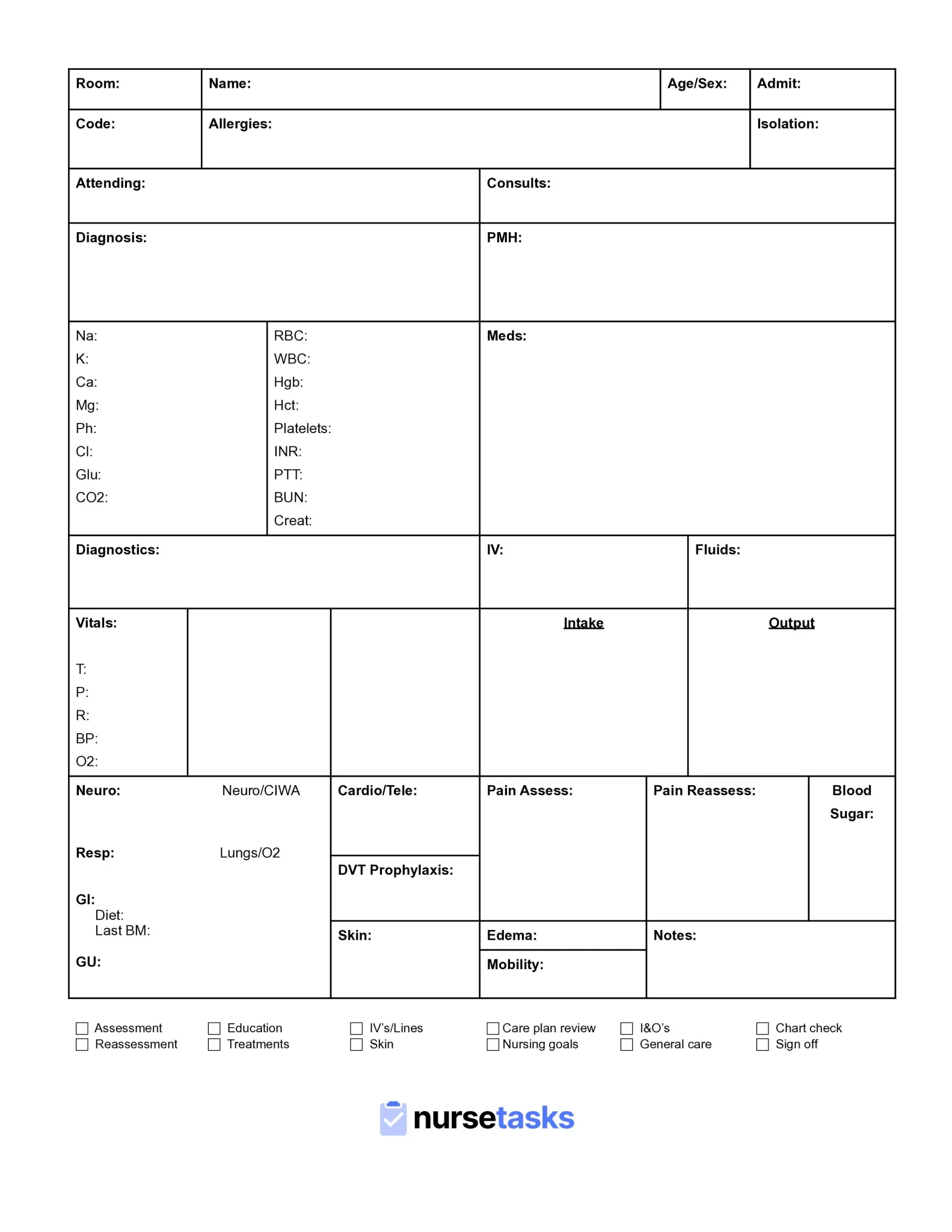 Printable Nurse Brain Sheet Editable