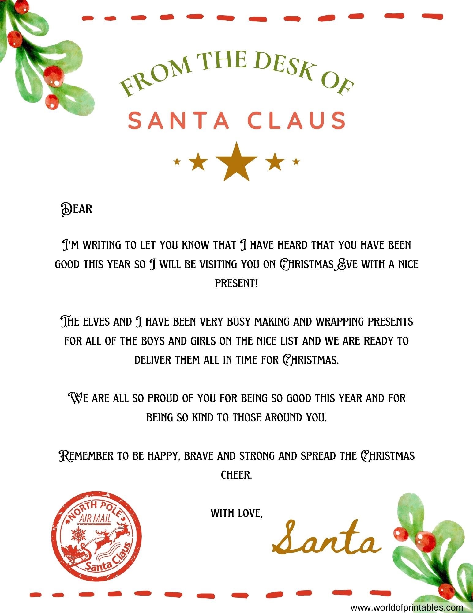 Fill In Blank Editable Free Printable Letter From Santa Template Word