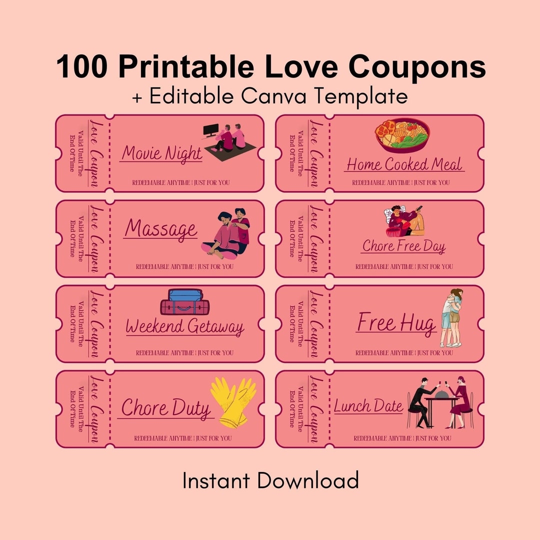100 Printable Love Coupons For Him And Her Couple Coupons Valentines Day Gift Romantic Anniversary Gift Editable Canva Template GF BF Etsy
