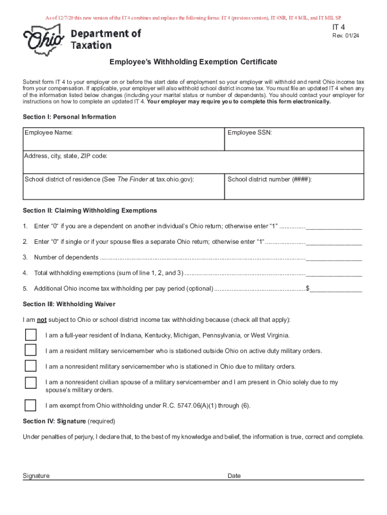 2024 Form OH IT 4 Fill Online Printable Fillable Blank PdfFiller