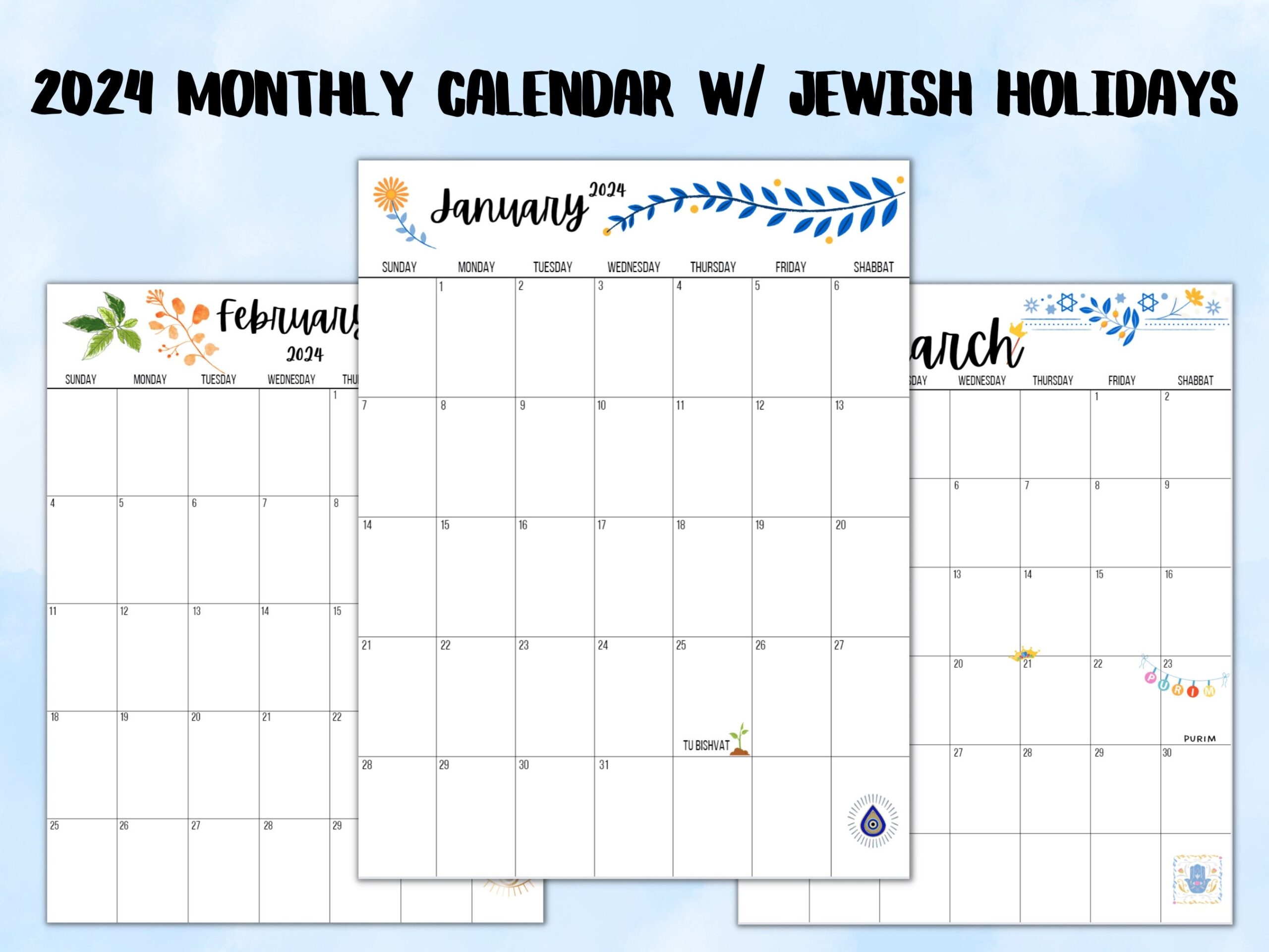 2024 Monthly Calender With Jewish And Israeli Holidays Printable Monthly Calendar Printable Jewish Calendar Colorful Monthly Calendar Etsy