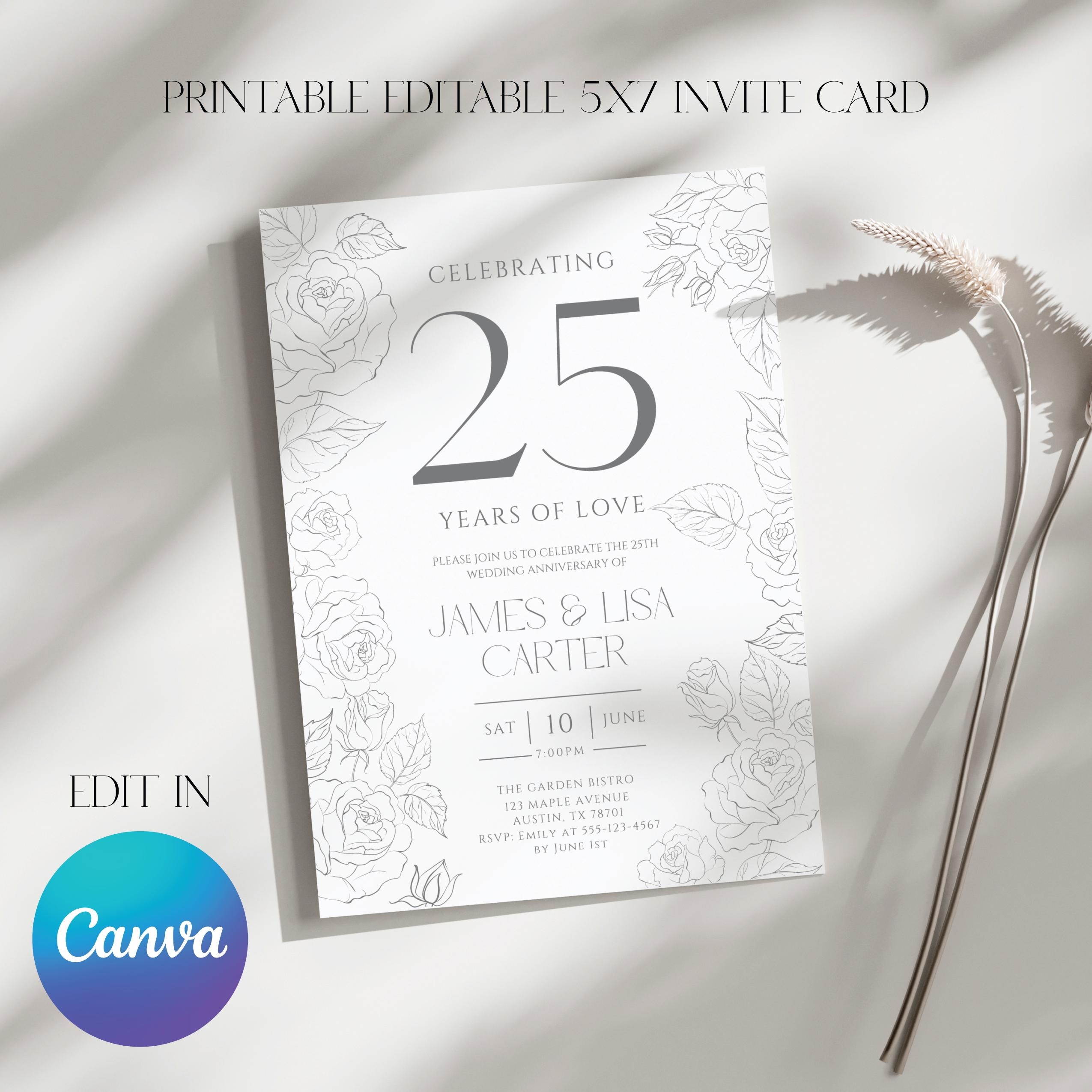 25th Anniversary Invitation Template Editable Canva Silver Party Invite Printable Digital E vite Customizable Names Date RSVP Etsy