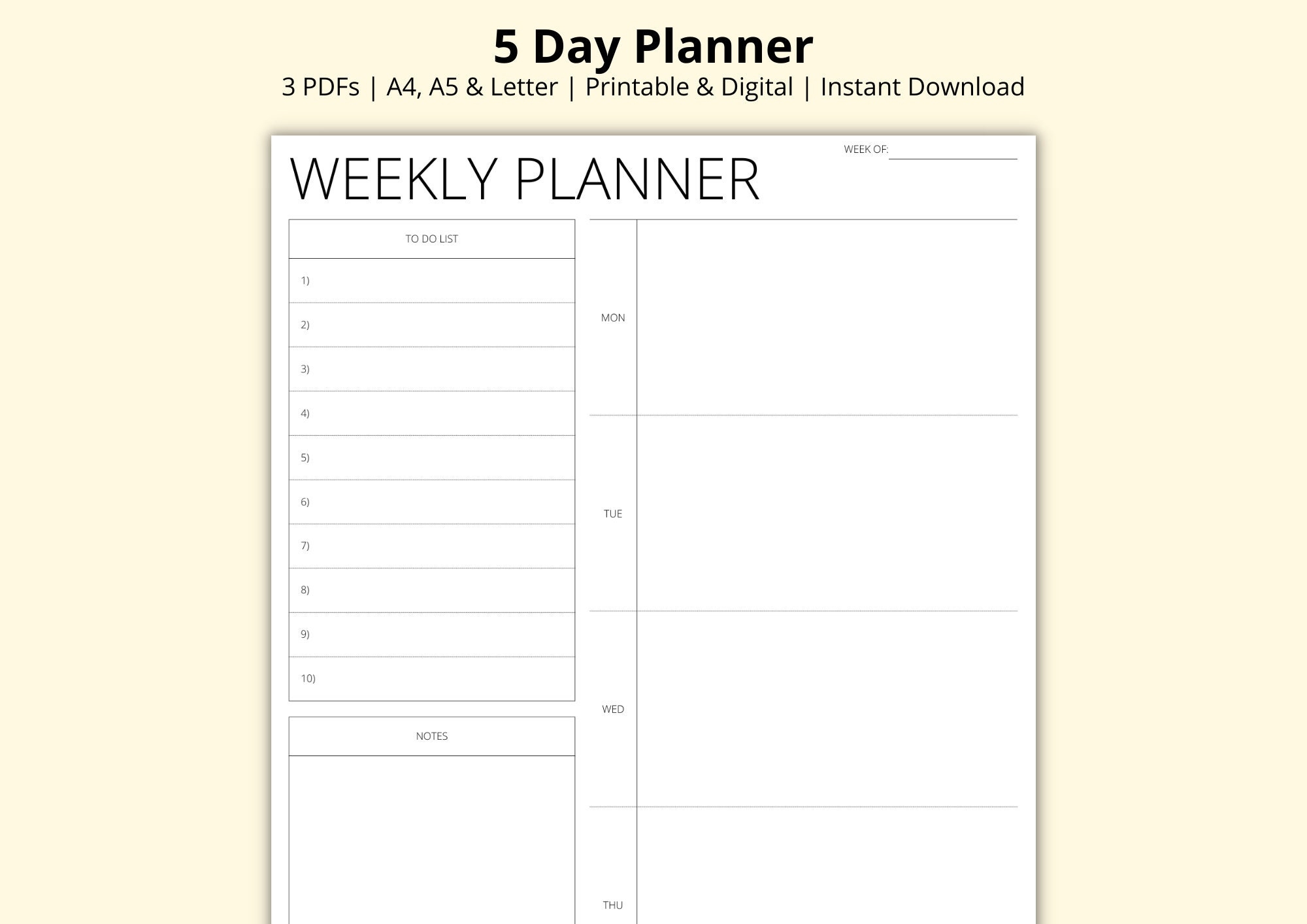 Weekly 5 Day Planner Printable Editable Weekly 5 Day Planner Printable