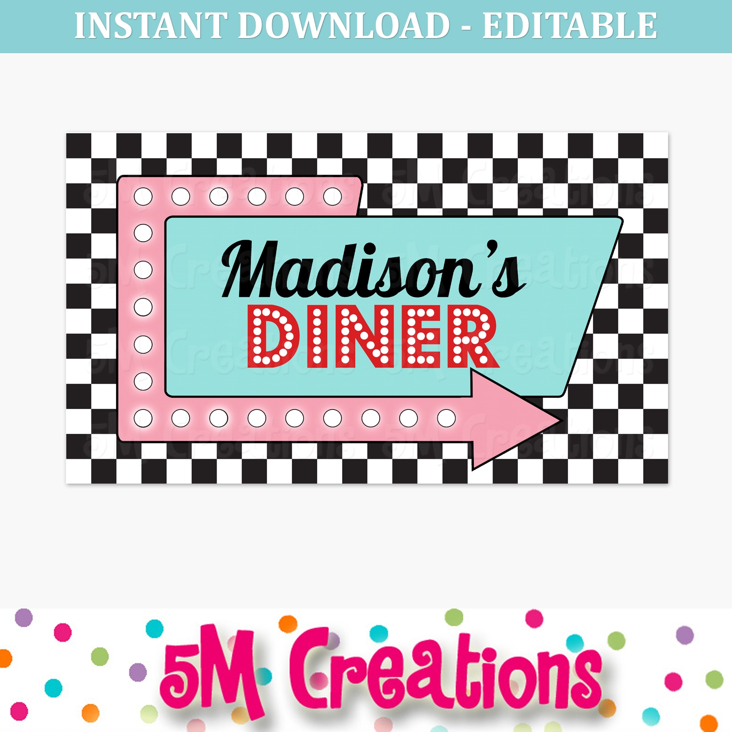 50s Diner Birthday Party Backdrop Large Sign Editable Printable Poster 5M Creations Blog