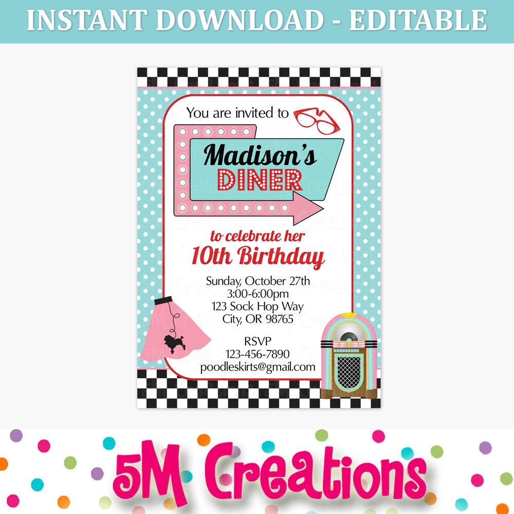 50s Diner Birthday Party Invitation Editable Printable Digital File 5M Creations Blog