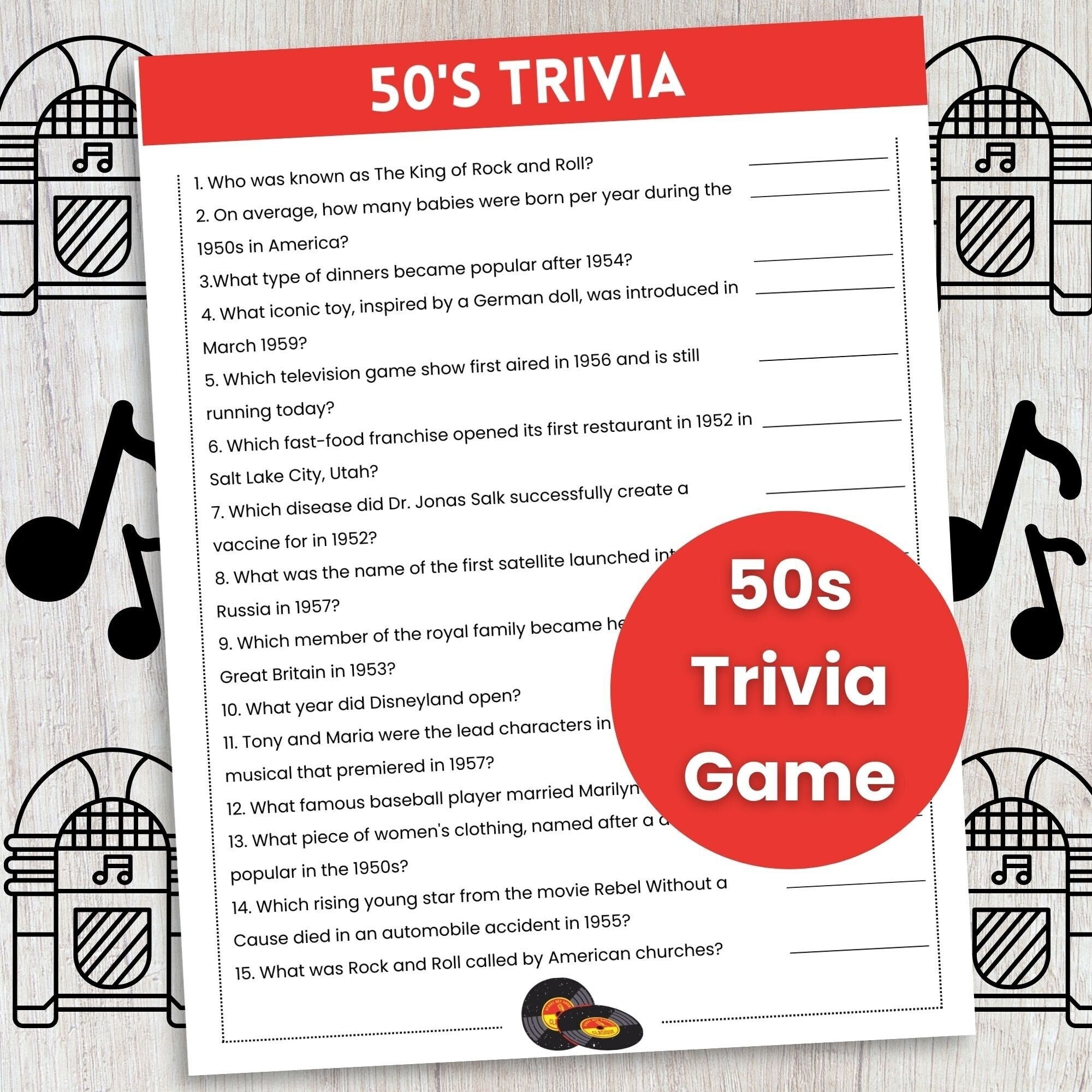 50s Trivia Game 50s Theme Party Game Trivia Game For Teens And Adults Office Party Game Pub Trivia Etsy