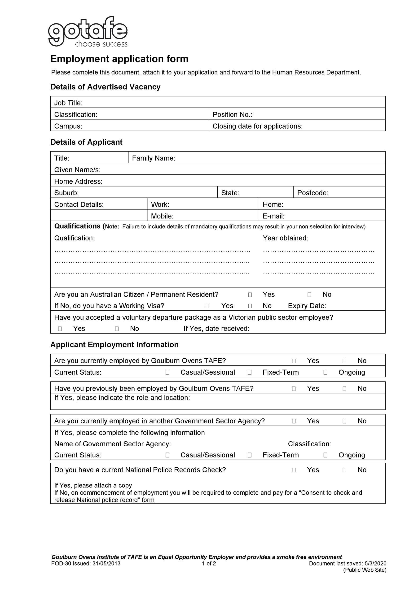 Editable Free Printable Job Application Template