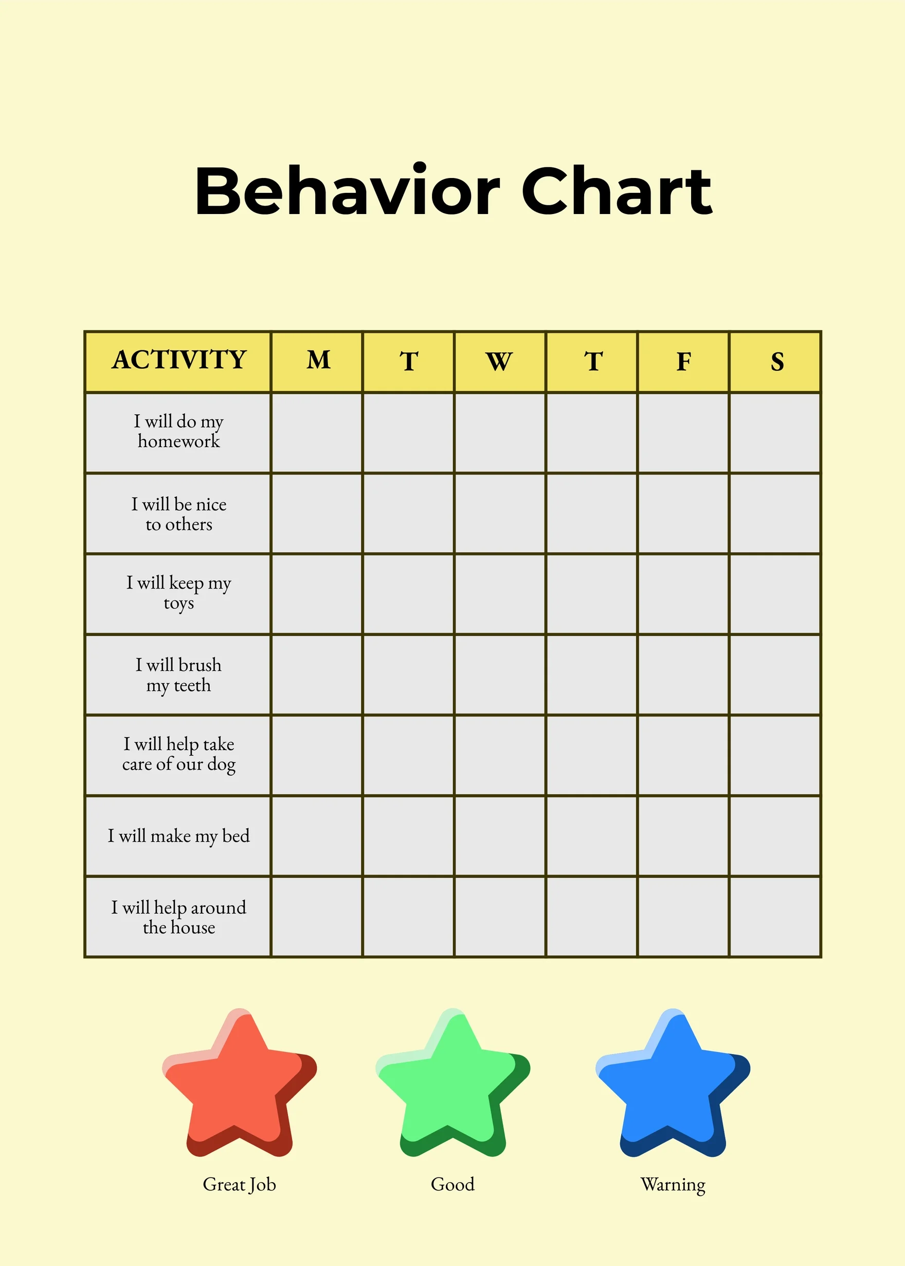 Printable Editable Daily Behavior Chart