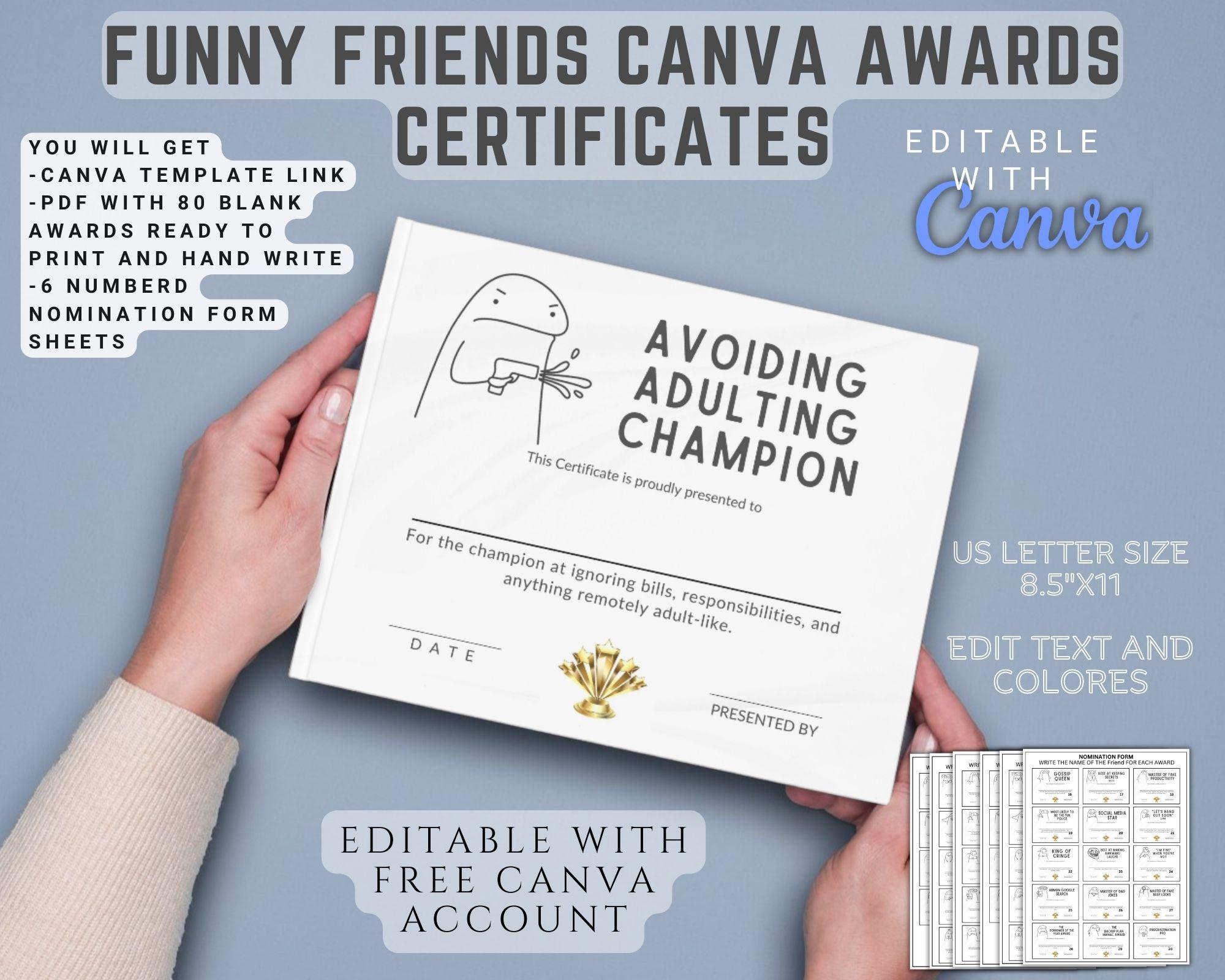 80 Funny Editable Friends Awards Certificates Canva Template christmas Gift Fun Gifts For Friends reunion Award Sarcastic Awards Etsy