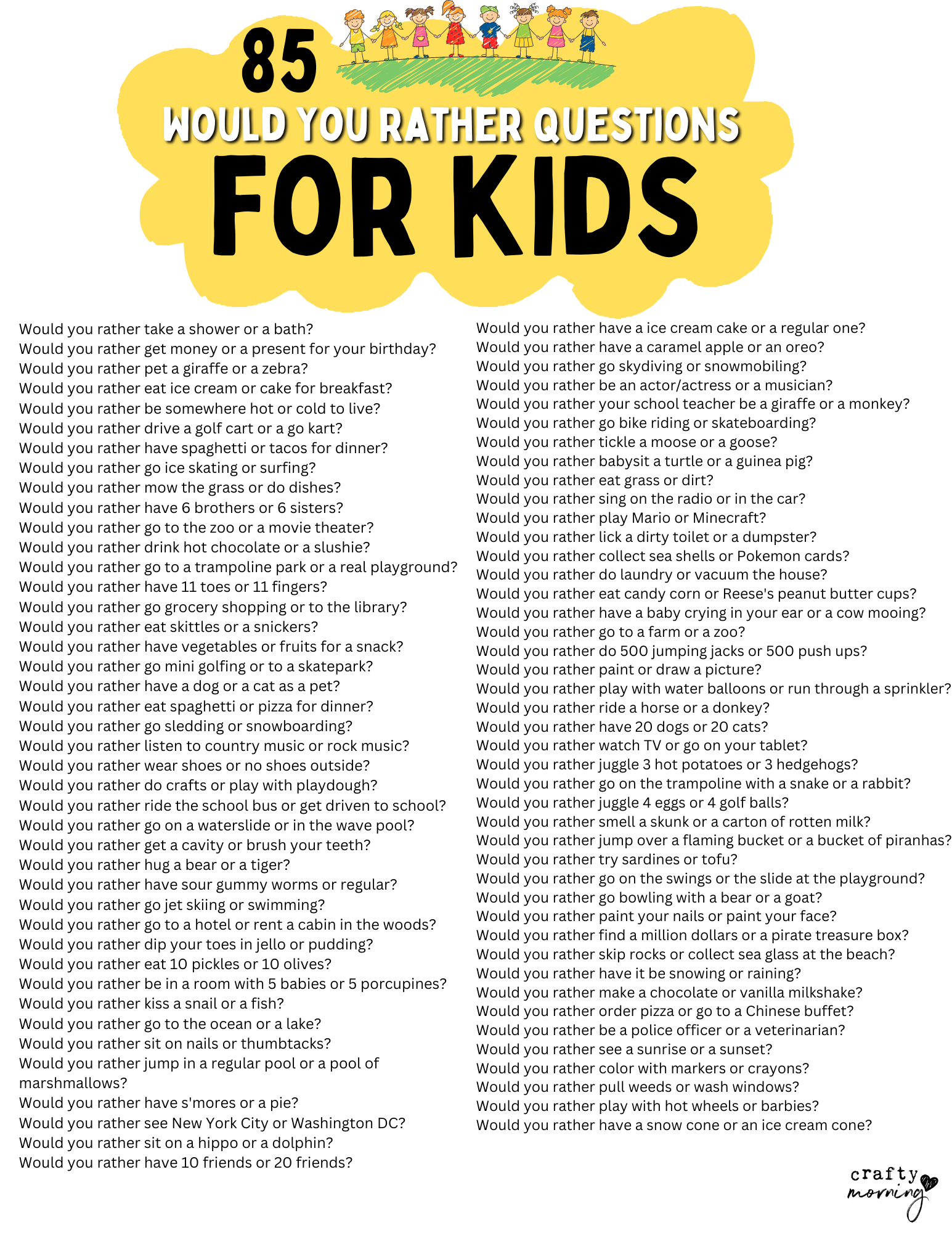 85 Would You Rather Questions For Kids Crafty Morning