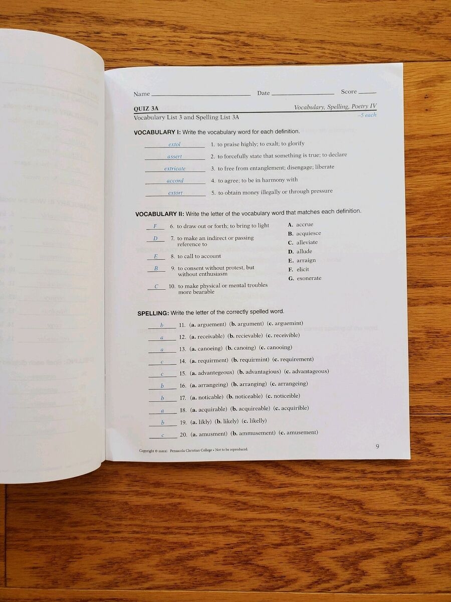ABEKA VOCABULARY SPELLING POETRY IV FIFTH EDITION TEACHER QUIZ KEY A BEKA EBay