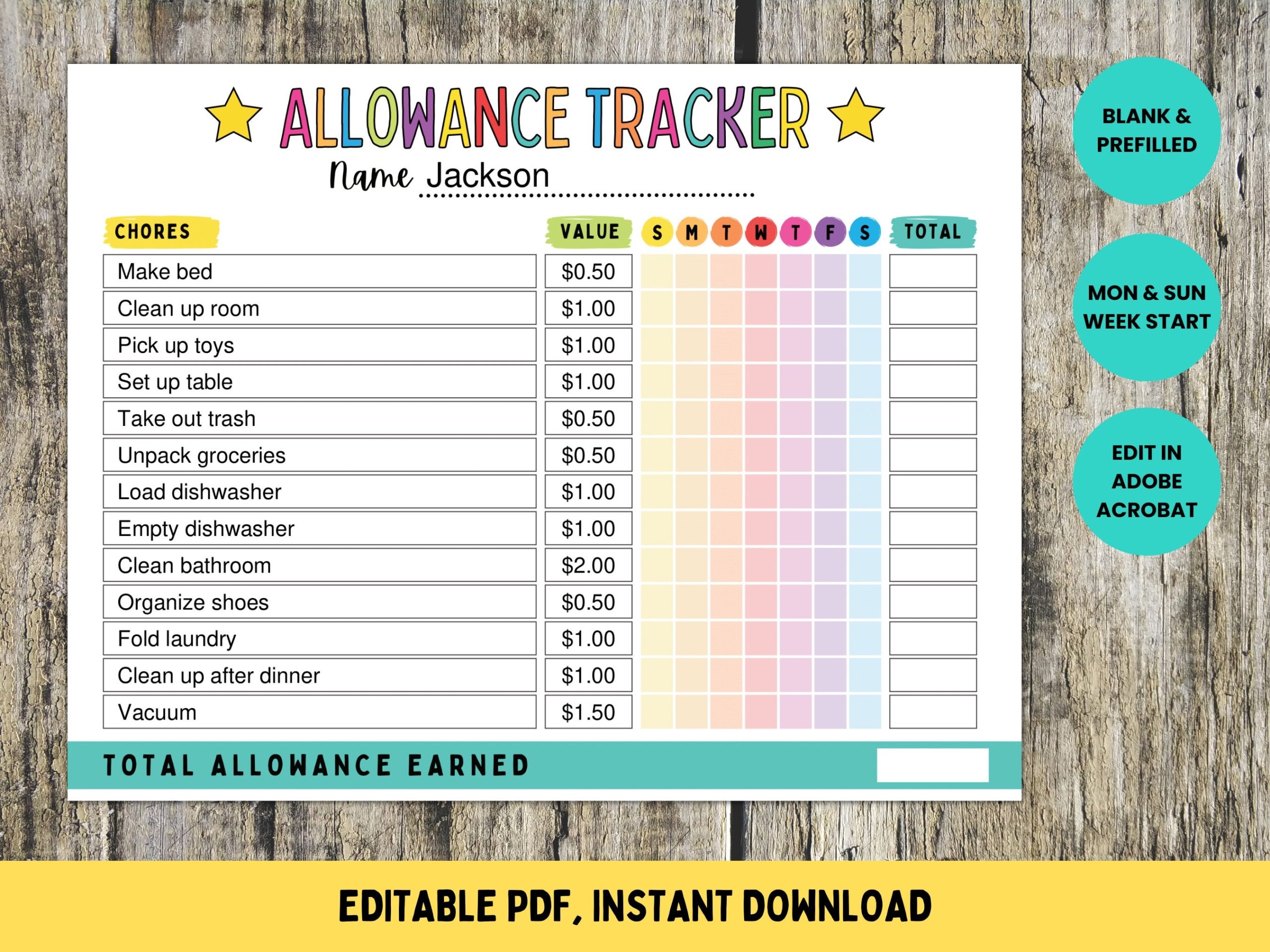Allowance Tracker Weekly Allowance Chore Chart For Kids Editable Allowance Chart Earn Money Chart Money Reward Chart Printable PDF Etsy