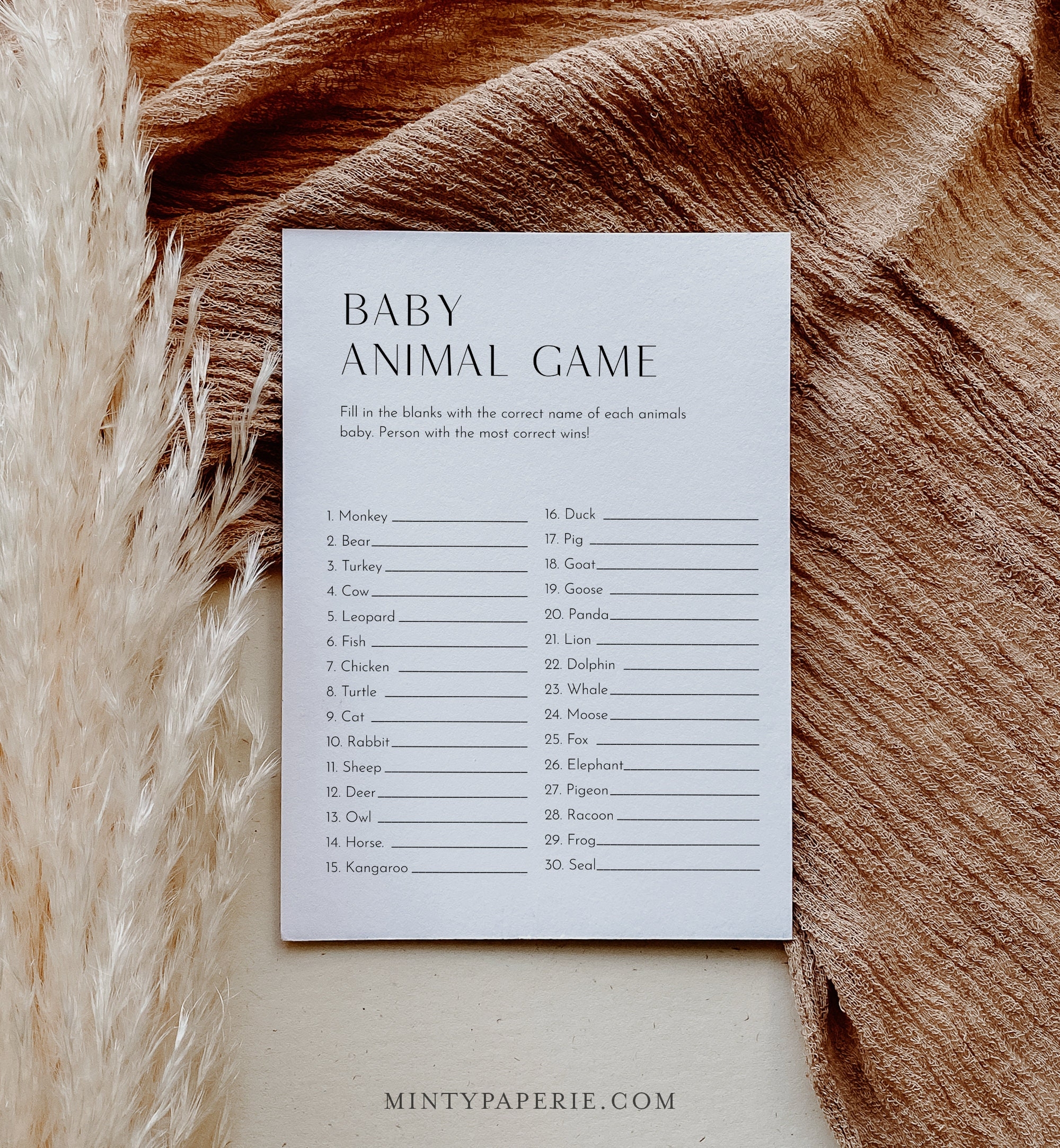 Baby Animal Game Printable Minimalist Baby Shower Game Editable Template Answer Key Included Instant Download Templett 0026 235BASG