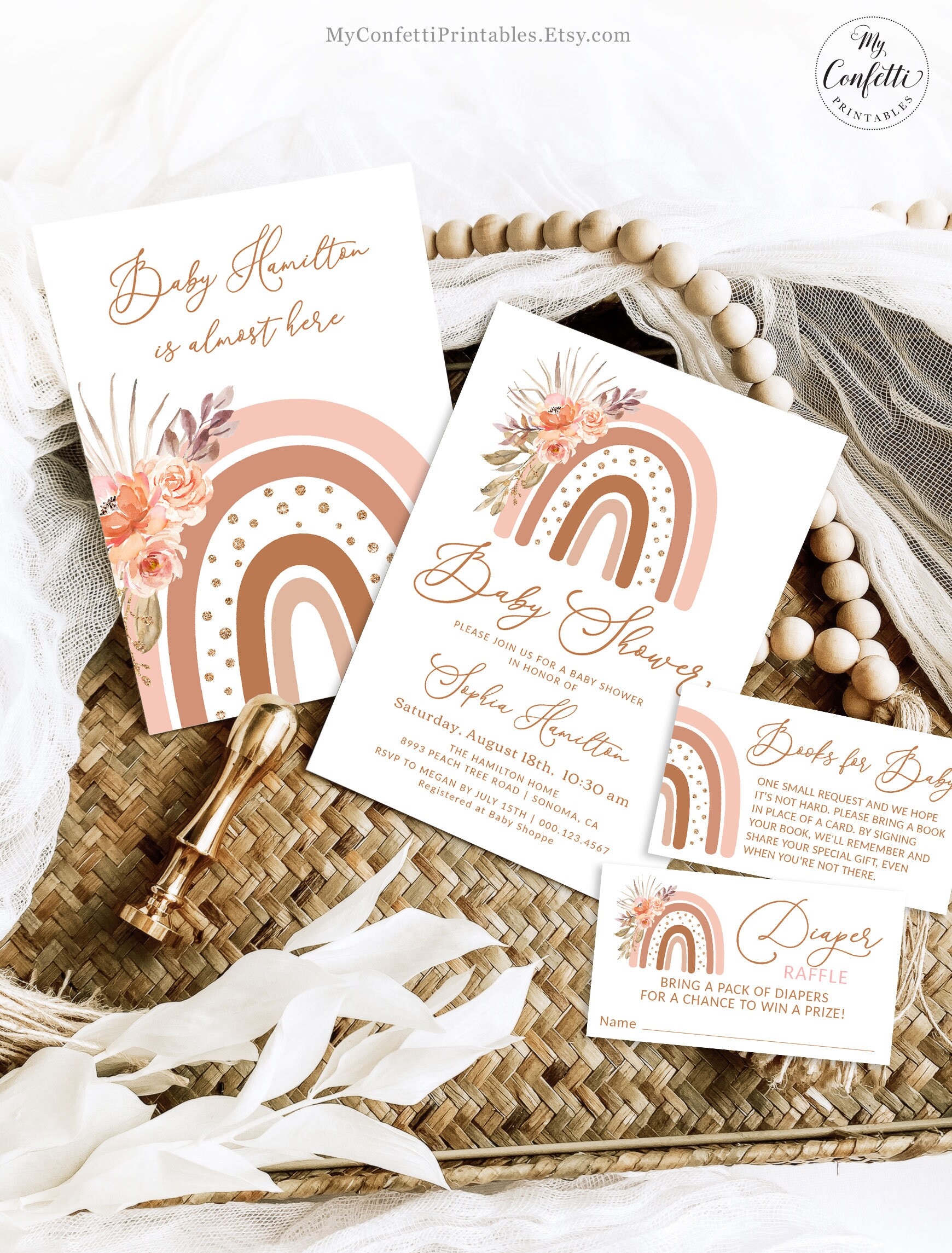 Baby Shower Invitation Bundle Boho Rainbow Editable Baby Shower Invitation Template Printable Peachy Pink Terracotta Girl MCP103 CJB Etsy