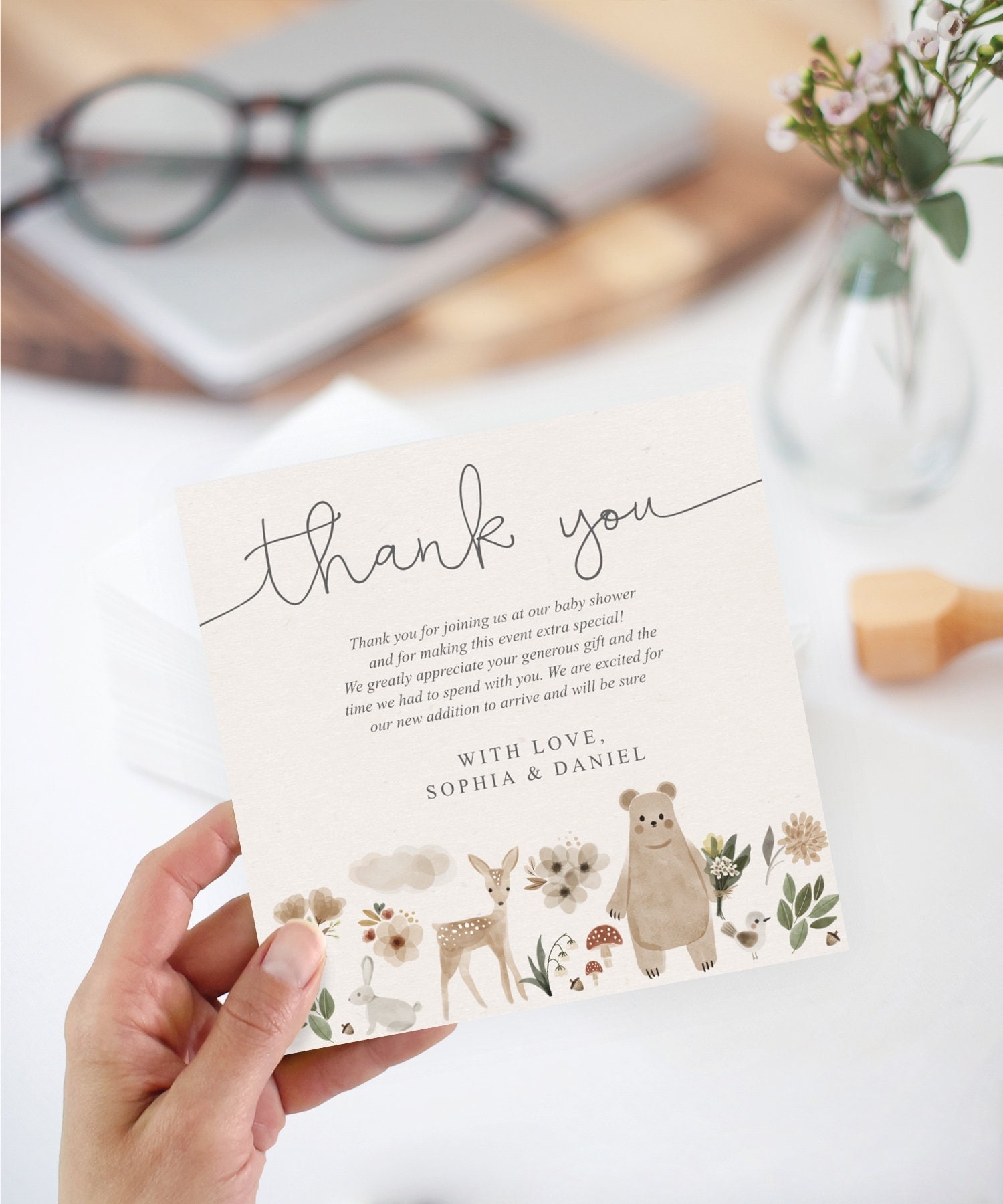 Baby Shower Thank You Card Template Printable Baby Shower Square Card Editable Instant Download Neutral Boho Woodland Bear Deer Cute Etsy