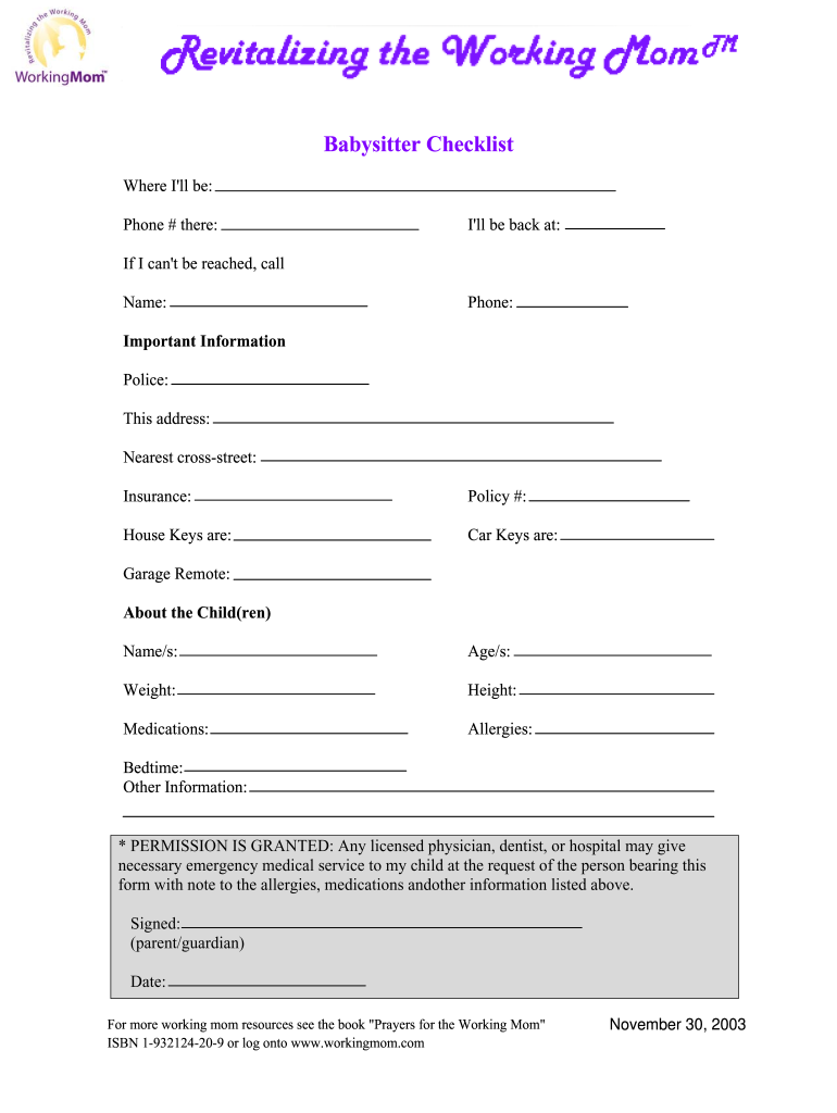 Babysitter's Checklist Printable Editable
