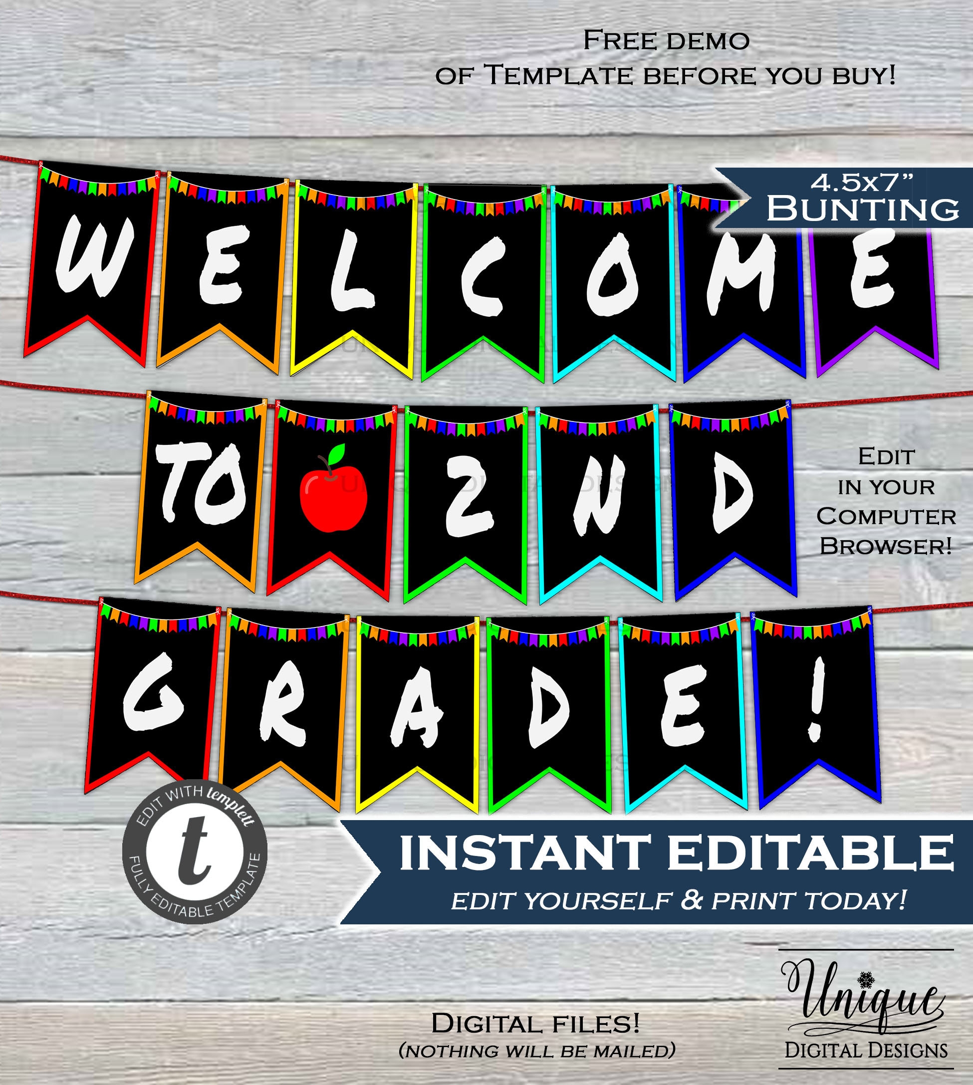 Back To School Classroom Decoration Welcome To School Pennant Flags ANY Grade Any Colors Banner Printable Digital Template INSTANT EDITABLE Etsy