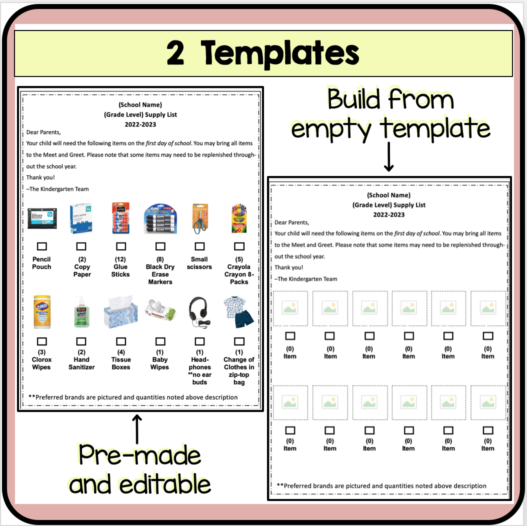 Class Supplies List Editable Printable