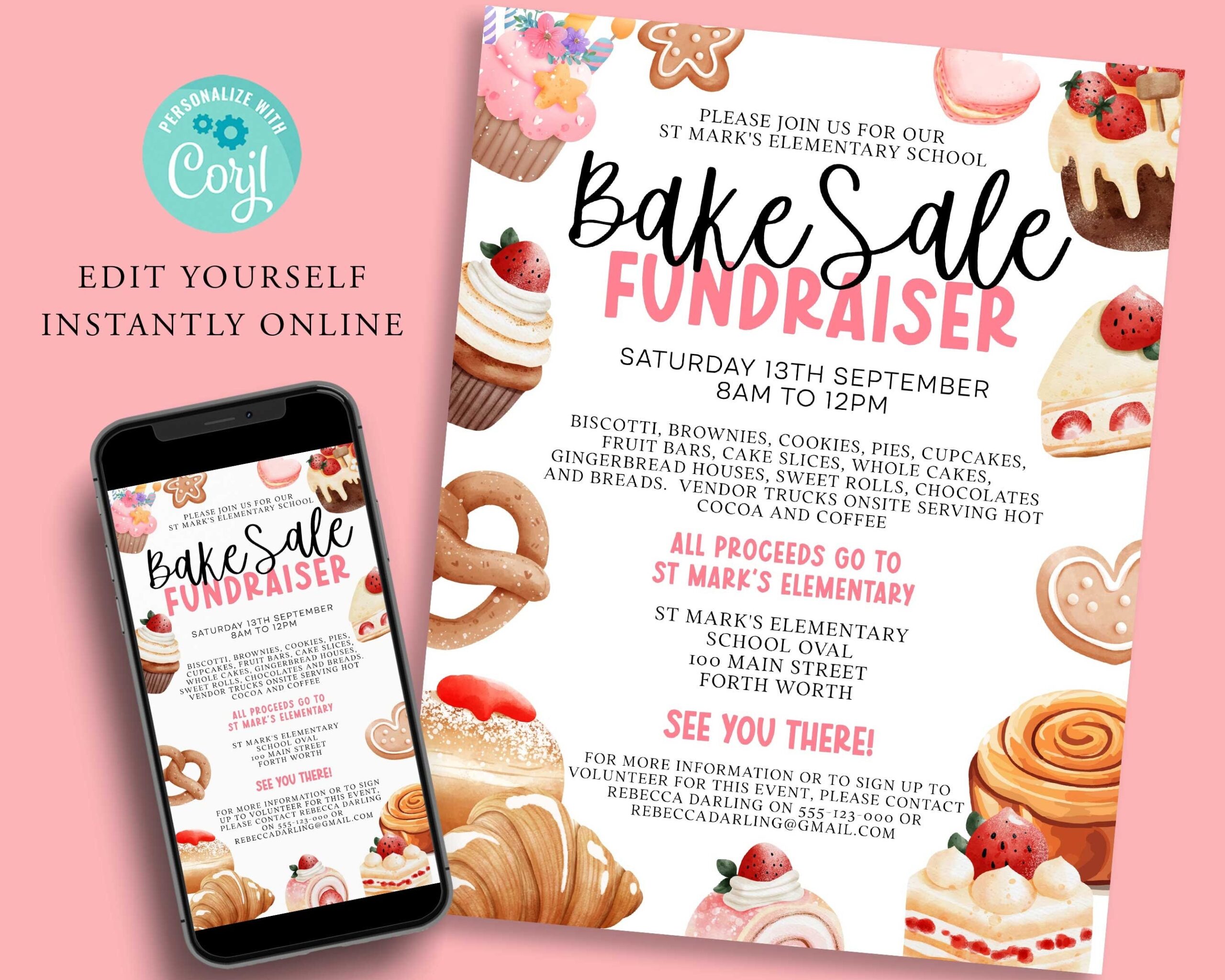 BAKE SALE Social Fundraiser Editable Template Flyer Printable PTA Flyer School Church Or Community Fundraiser Cupcakes Pastries Etsy
