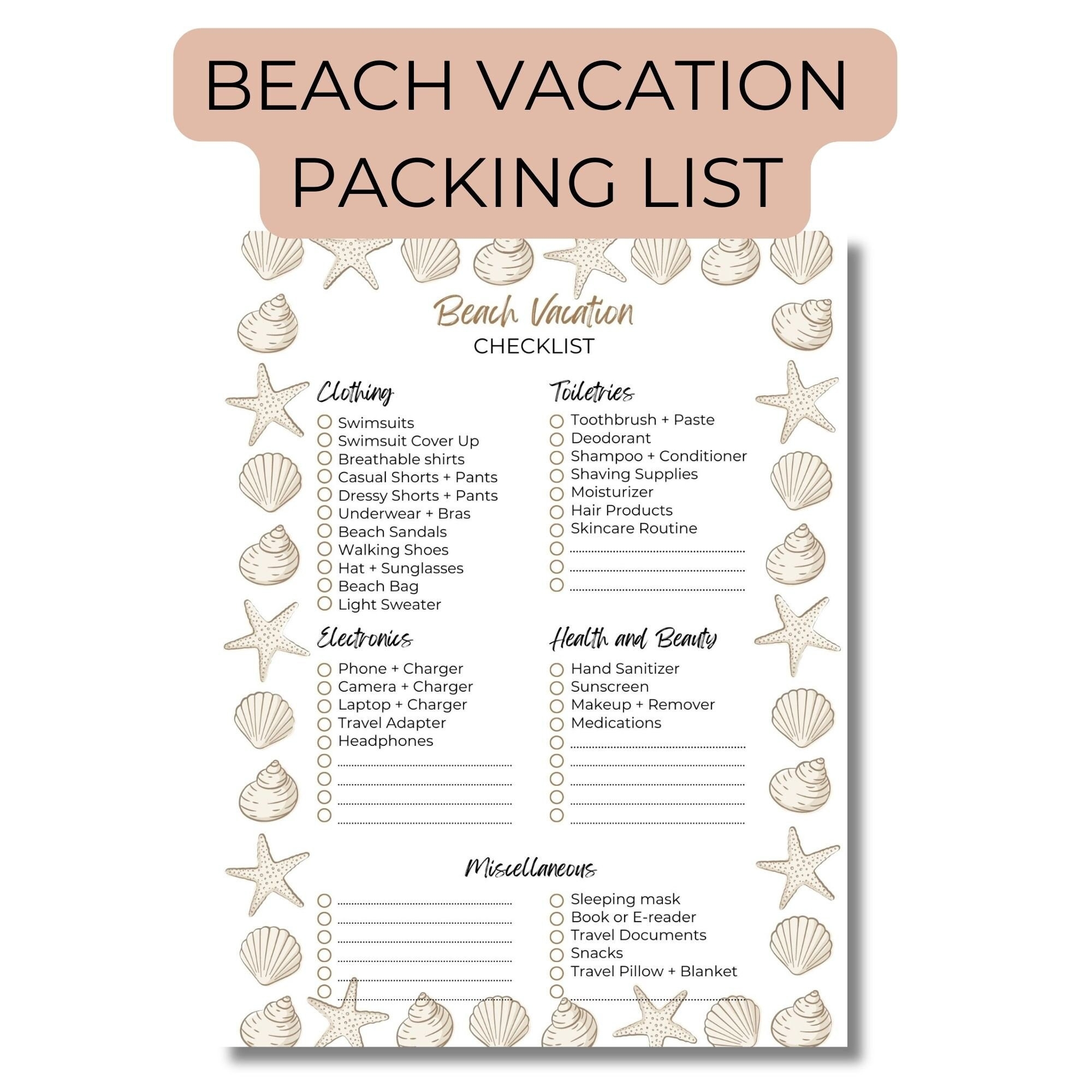 Beach Vacation Packing List Printable Travel Packing List PDF Vacation Checklist Packing Checklist Vacation Planner Printable Beach Packing Etsy