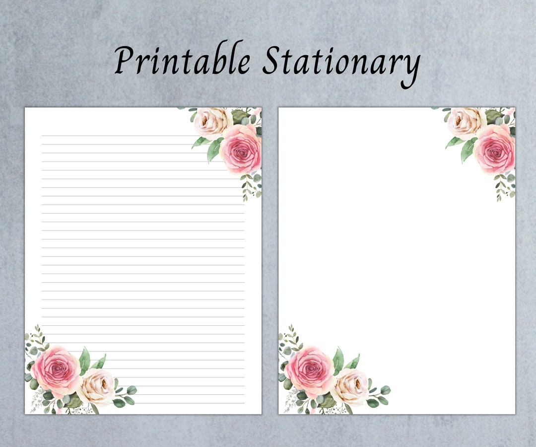 Beautiful Floral Printable Stationery Paper Writing Paper Instant Download A4 Letter 8 5 X 11 Lined Paper Water Color Roses Print Etsy