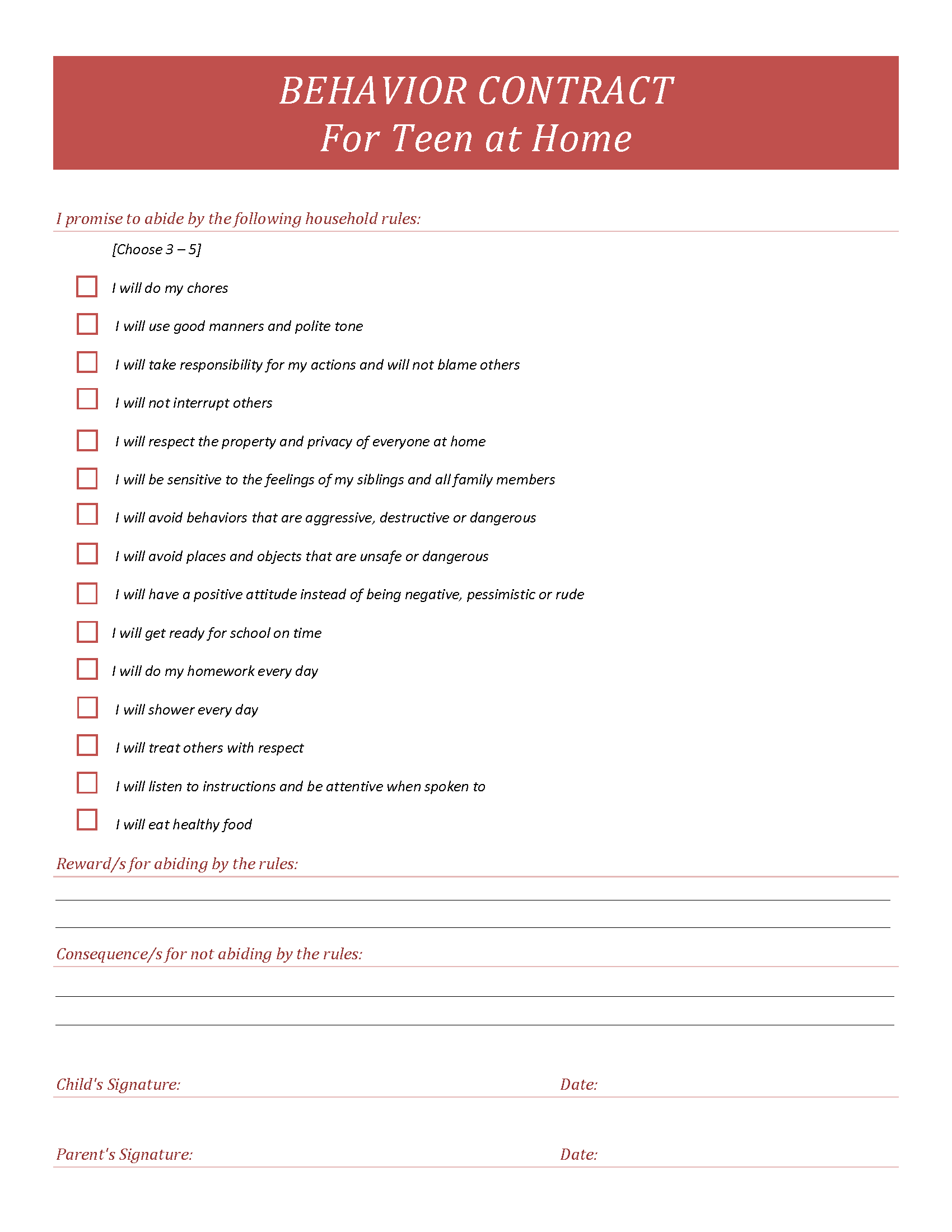 Free Printable Behavior Contracts & Charts Editable