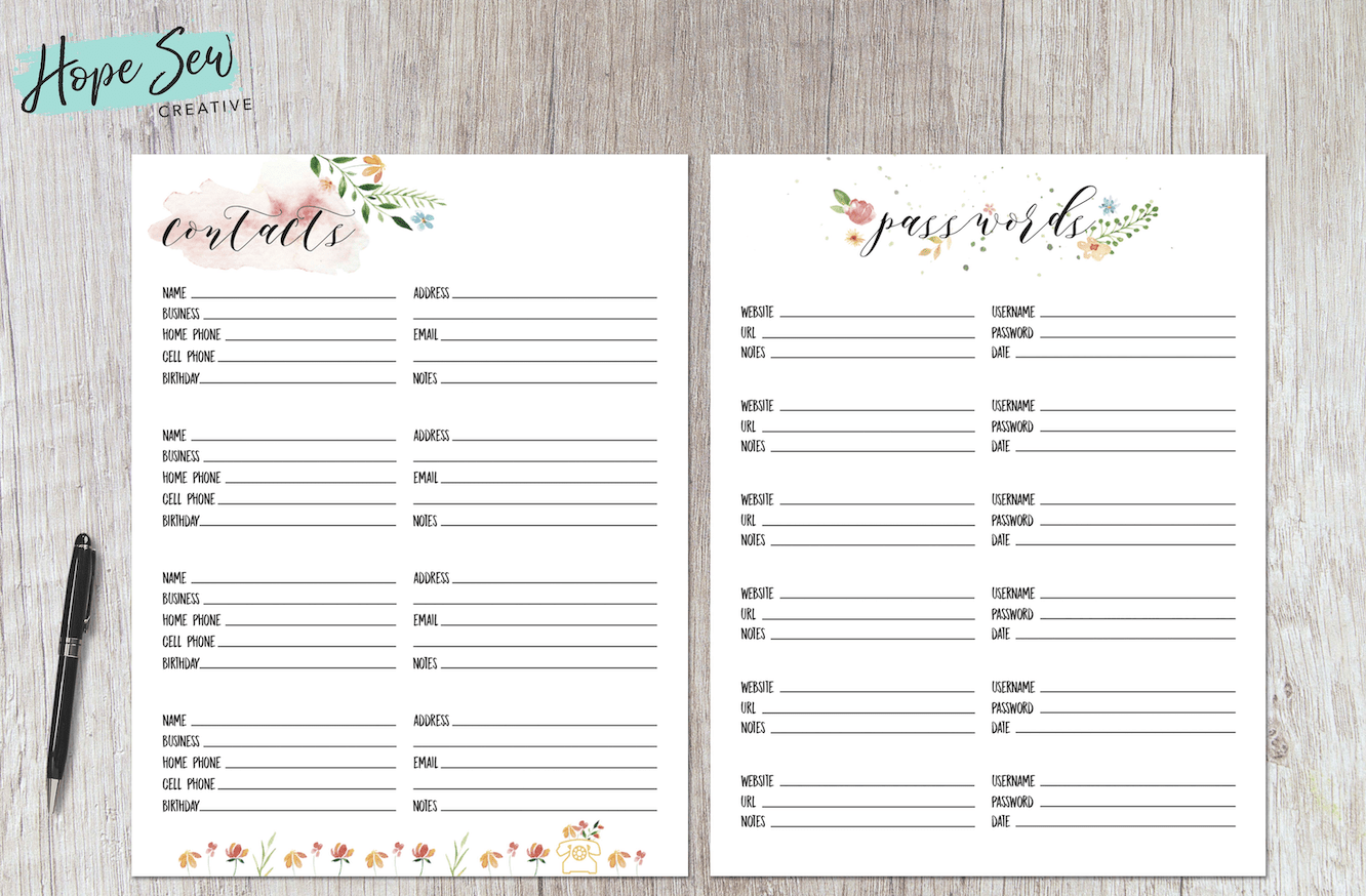 Big Happy Planner Contacts Passwords 2 Page Printable Hope Yoder