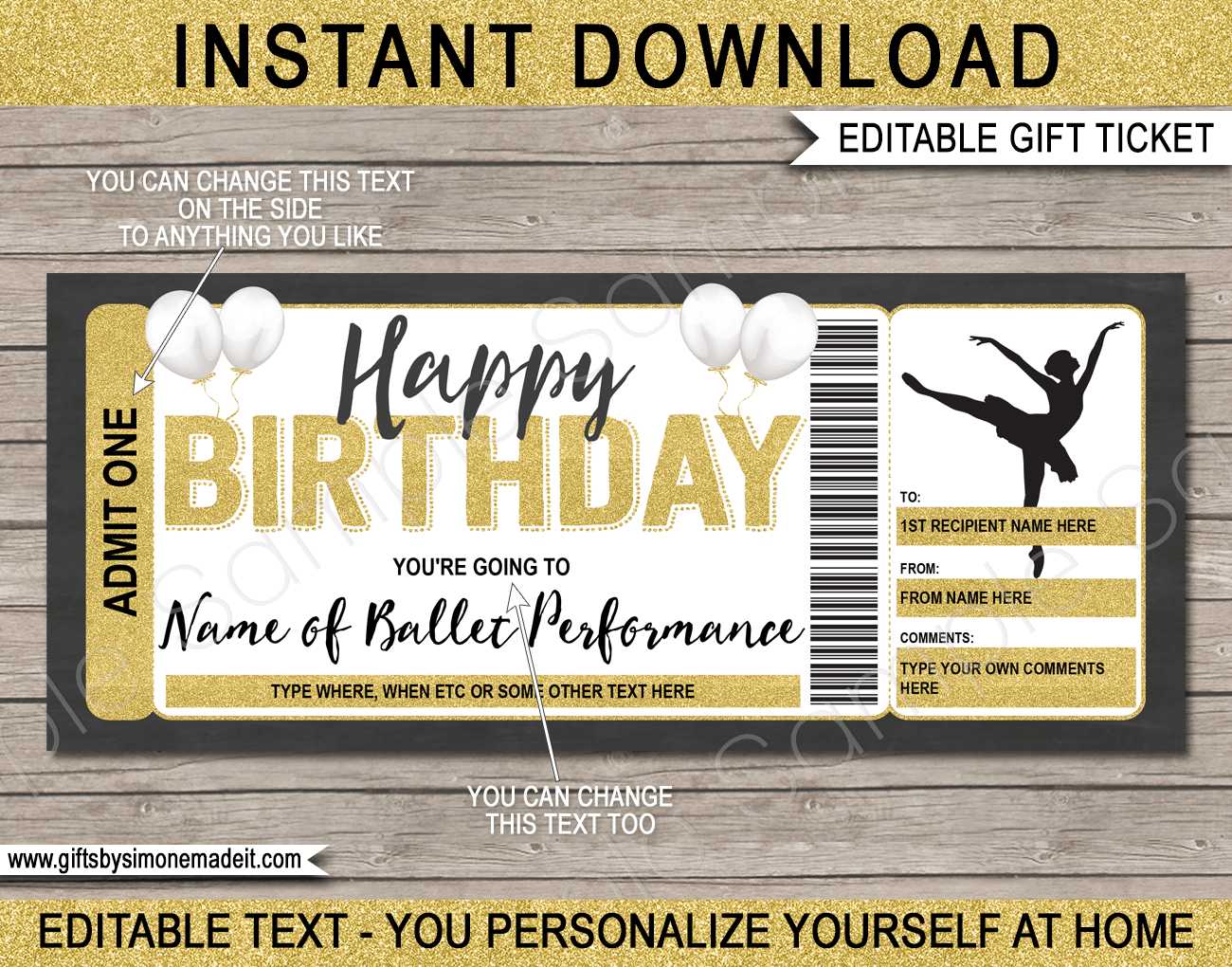 Birthday Ballet Ticket Template Printable Gift Voucher Certificate
