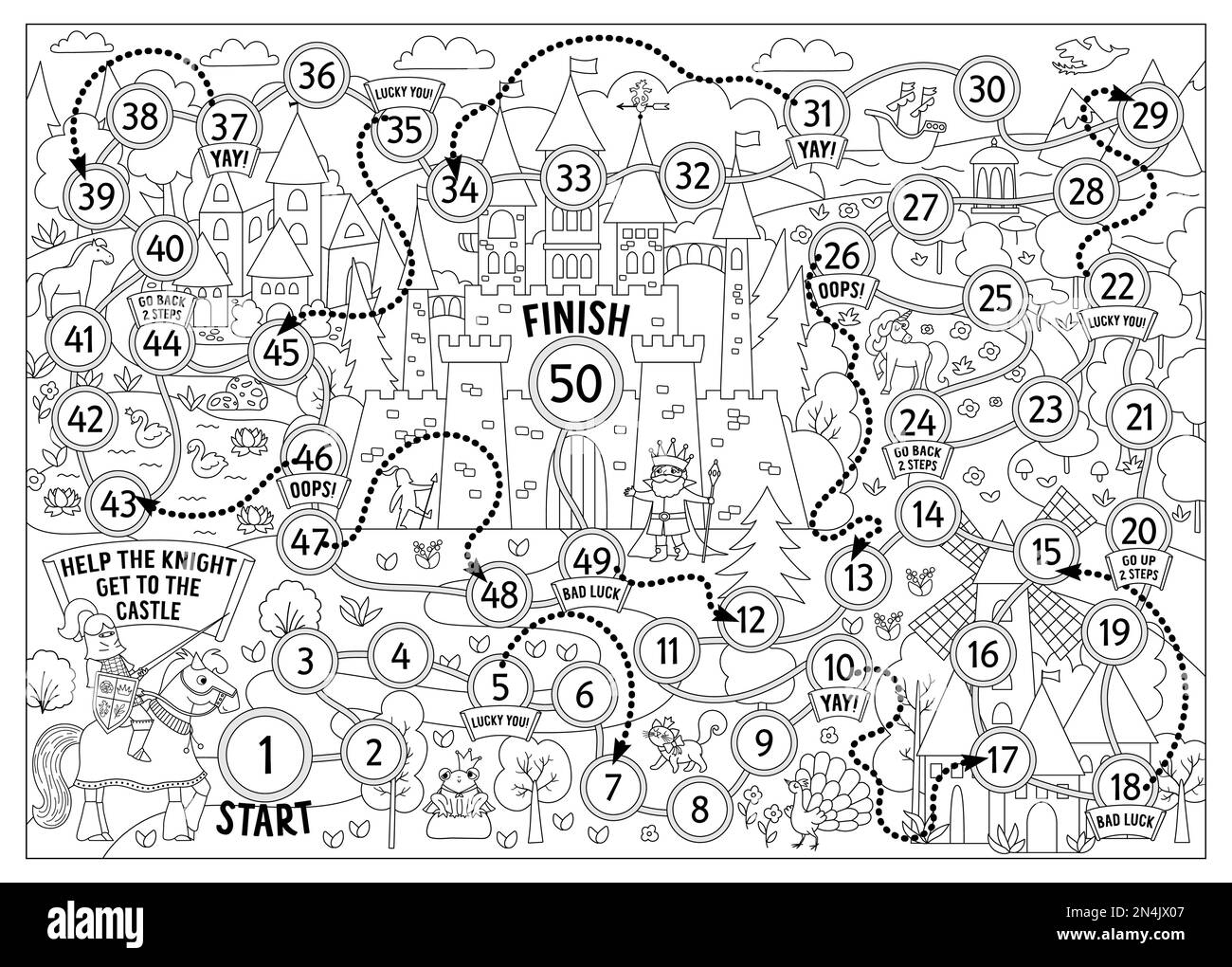 Black And White Fairytale Dice Board Game With Medieval Landscape Magic Kingdom Line Boardgame Fairy Tale Activity Printable Worksheet For Kids C Stock Vector Image Art Alamy