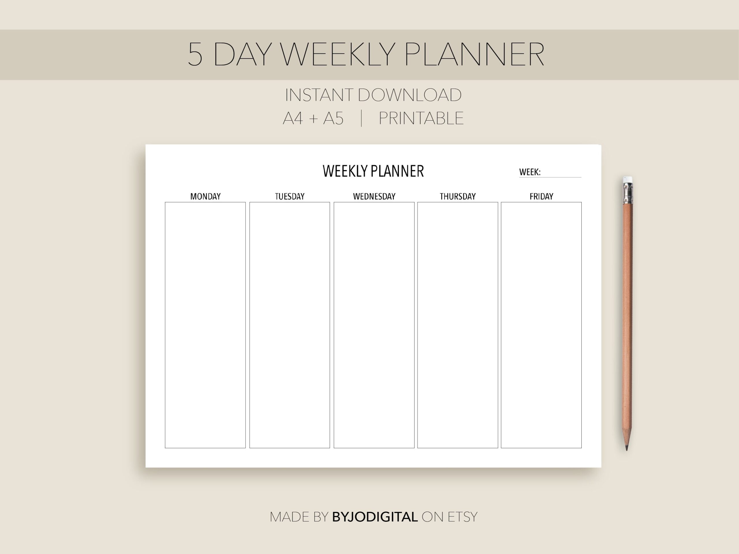 Blank Minimalistic 5 Day Printable Weekly Planner I Instant Download PDF Etsy
