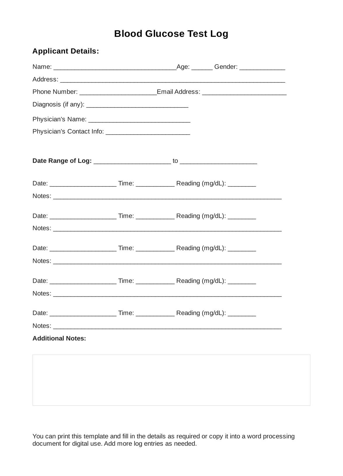 Free Printable Editable Glucose Monitoring Form