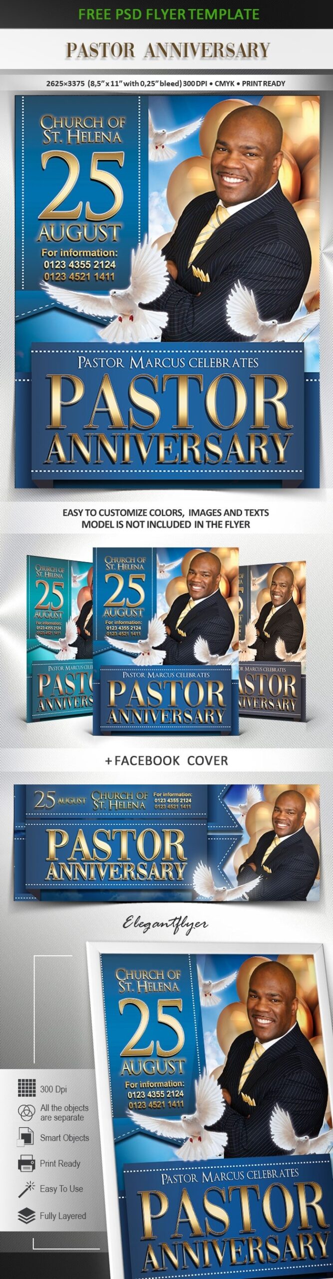Blue Creative Pastor Anniversary Free Flyer Template PSD By Elegantflyer