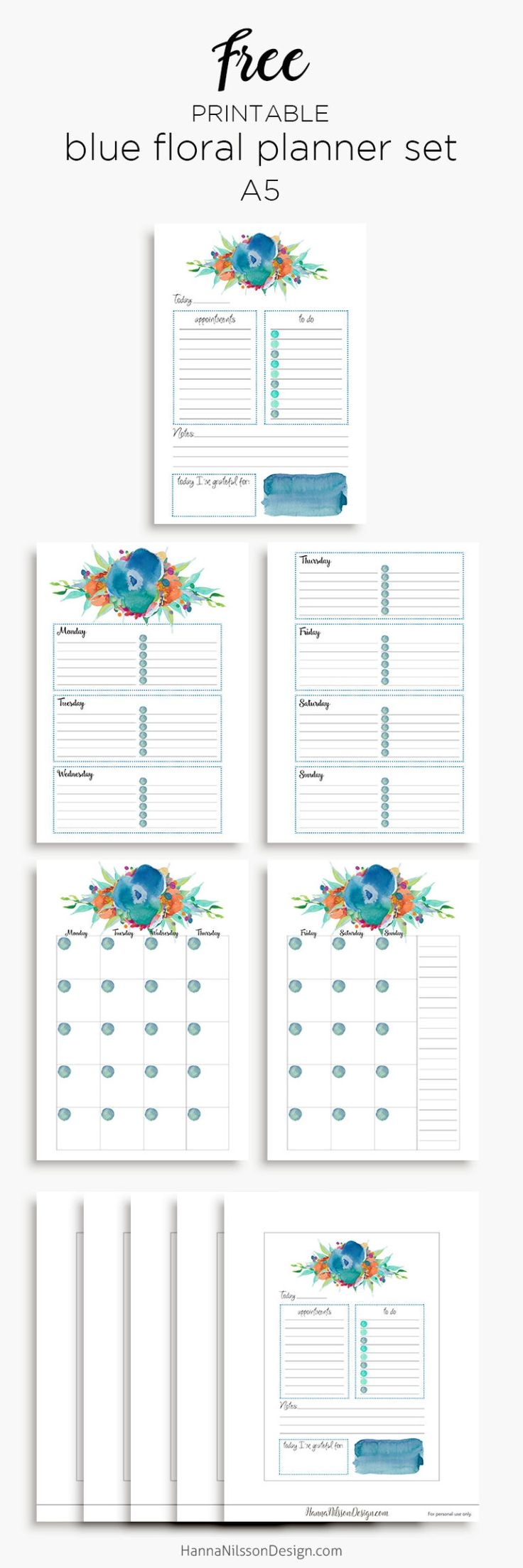 Blue Floral Planner Calendar A5 And Personal Planner Inserts