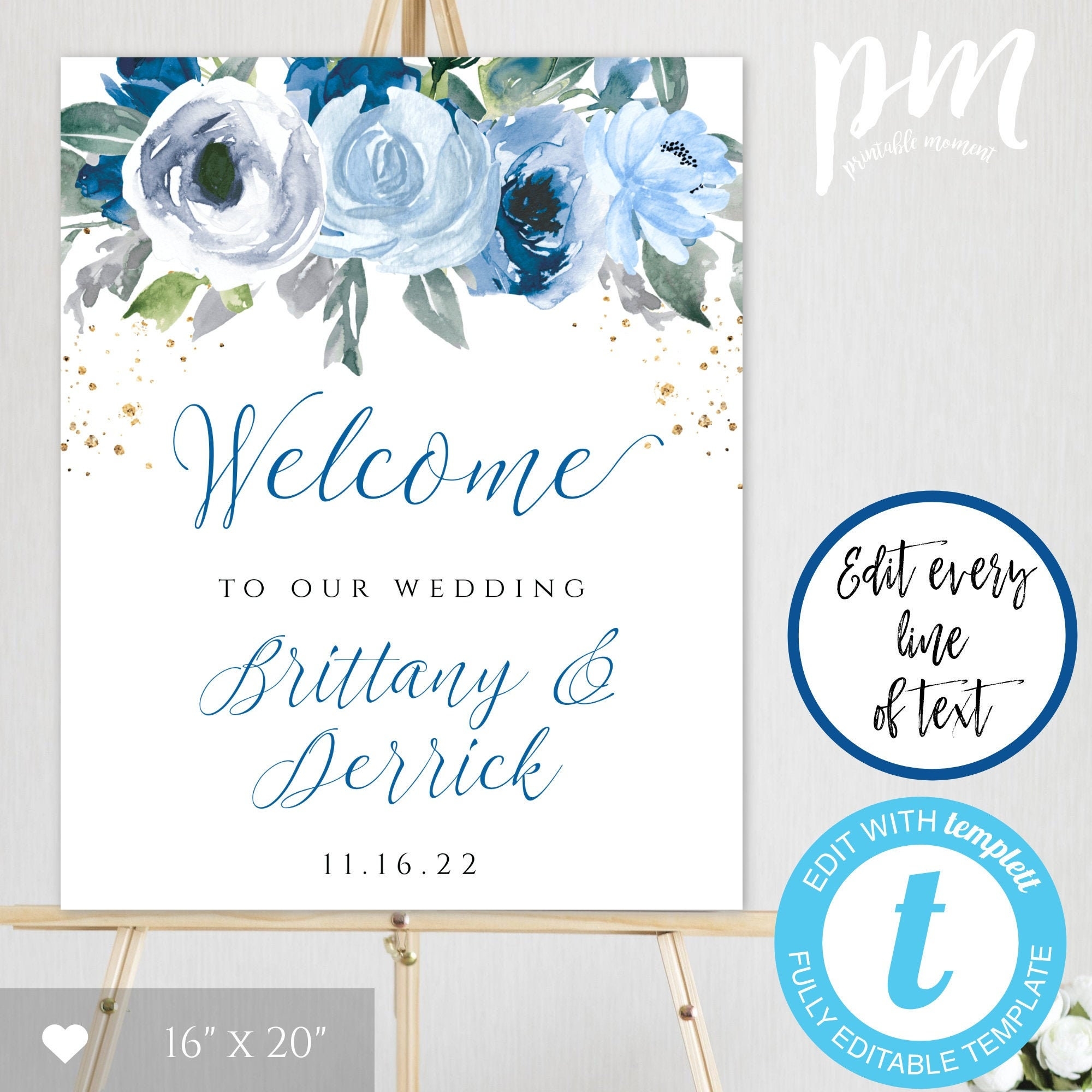Blue Floral Wedding Welcome Sign Template Welcome Poster 16x20 Editable Dusty Blue Sign Printable Navy Welcome Sign Blue Gold Etsy