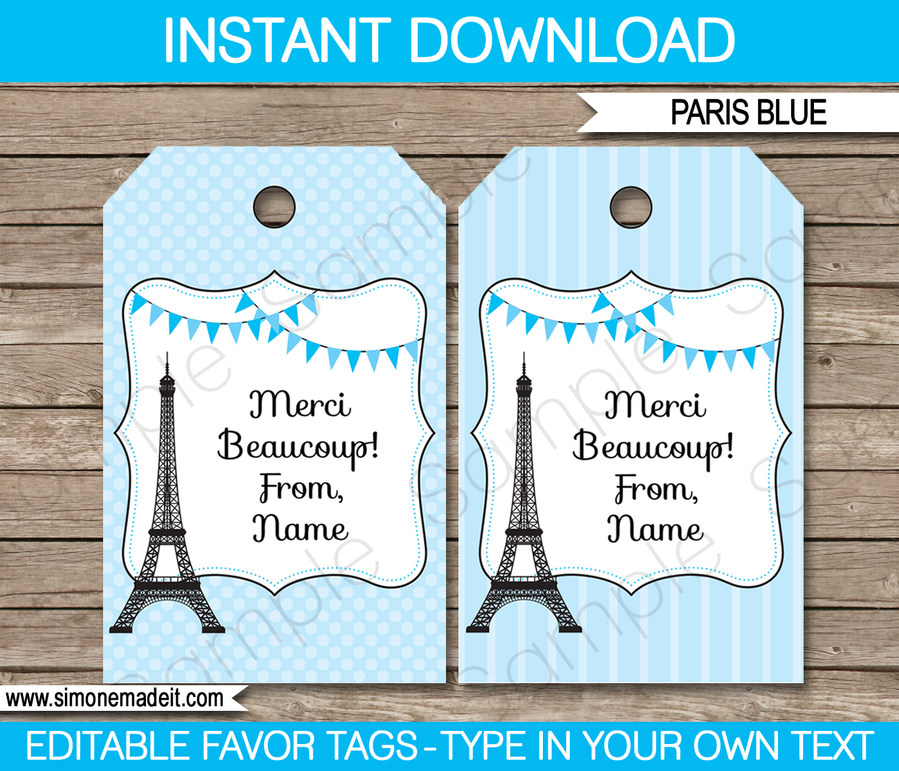 Blue Paris Birthday Party Favor Tags Template Printable Thank You Tags