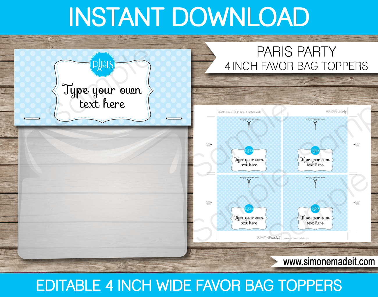 Blue Paris Favor Bag Toppers Template Printable Birthday Party Favors
