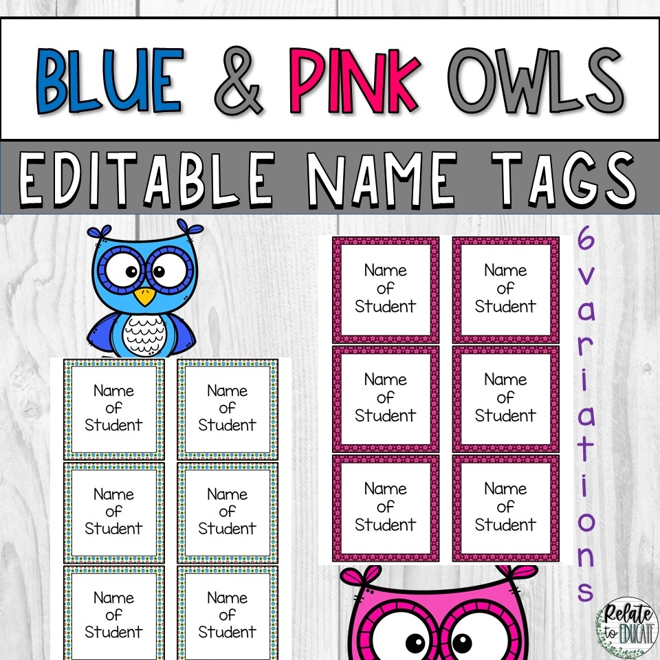 Blue Pink Owl Editable Printable Name Tags Made By Teachers