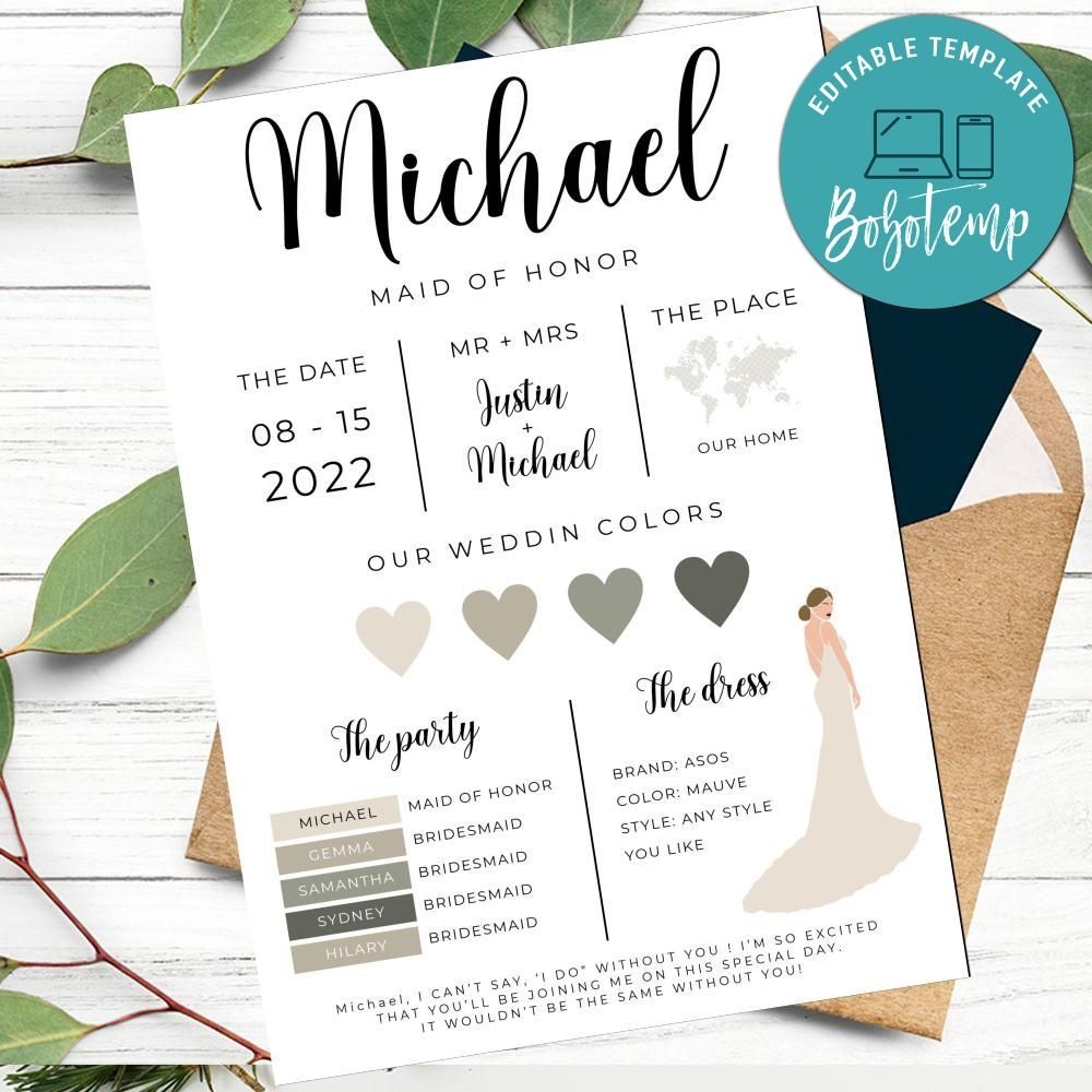 Editable Printable Maid Of Honor