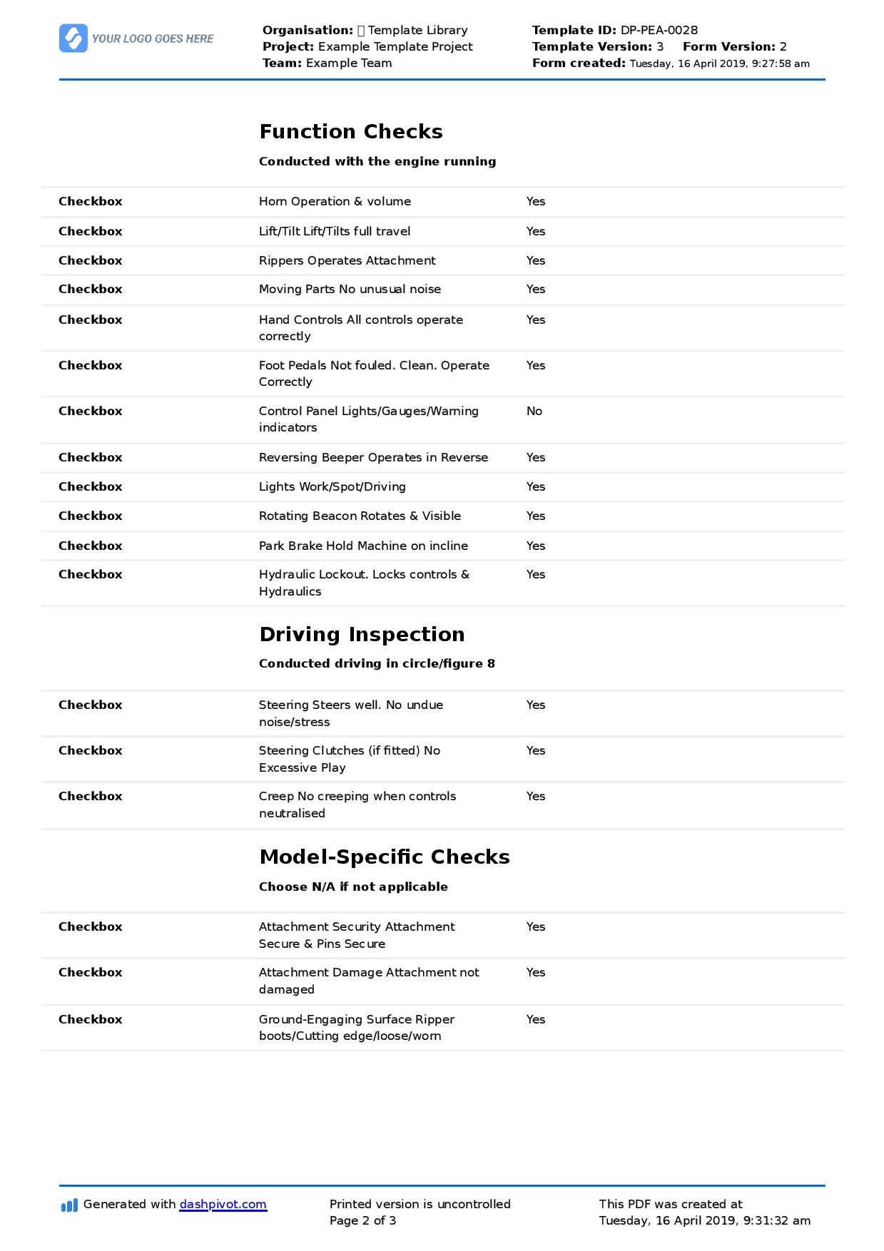 Bulldozer Inspection Checklist Free And Editable Checklist