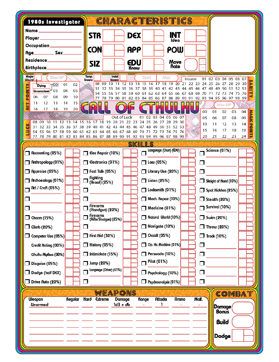 Call Of Cthulhu 1980s Investigator Character Sheet Download Printable PDF Templateroller