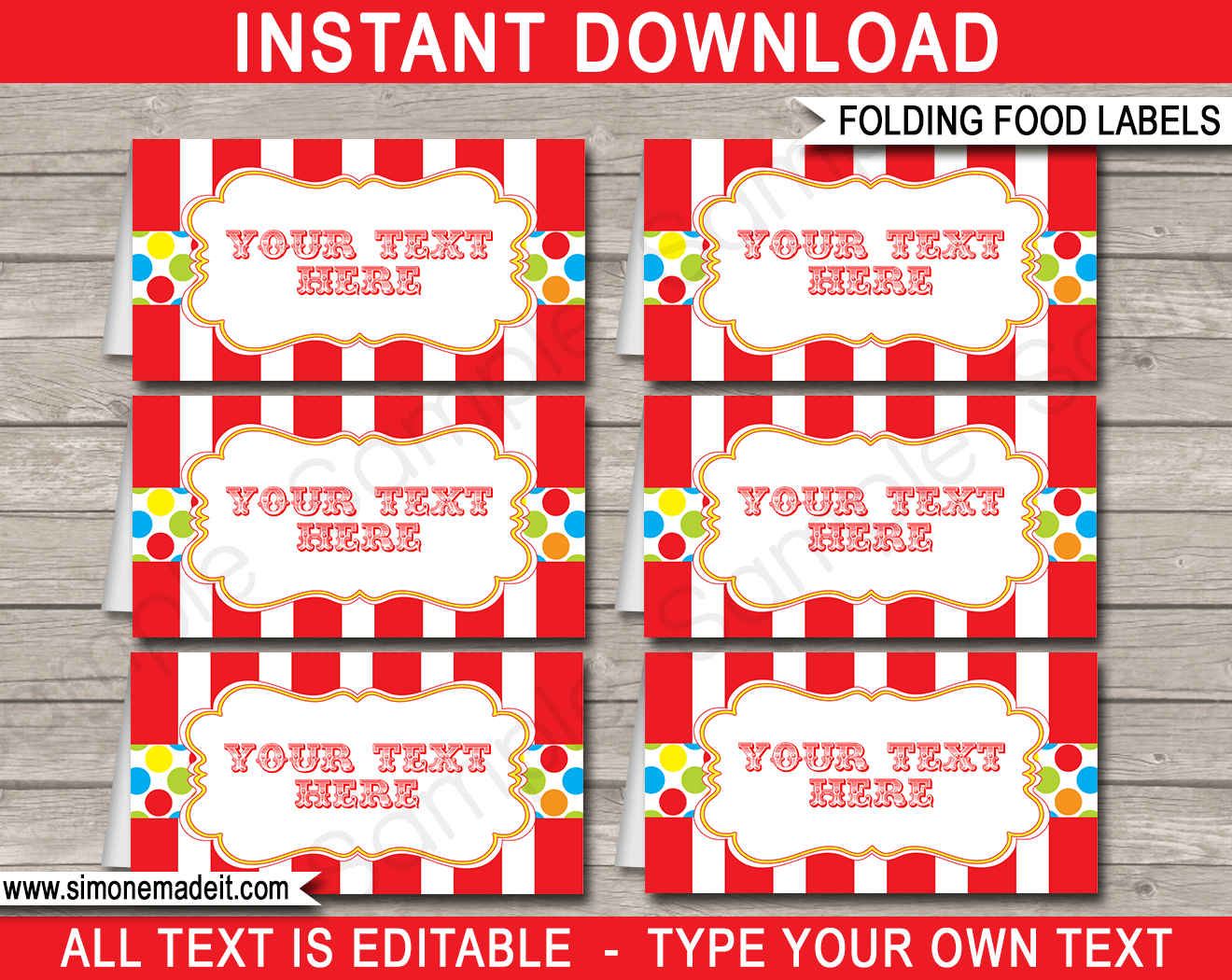Carnival Party Food Labels Template Place Cards Pritnable Decorations
